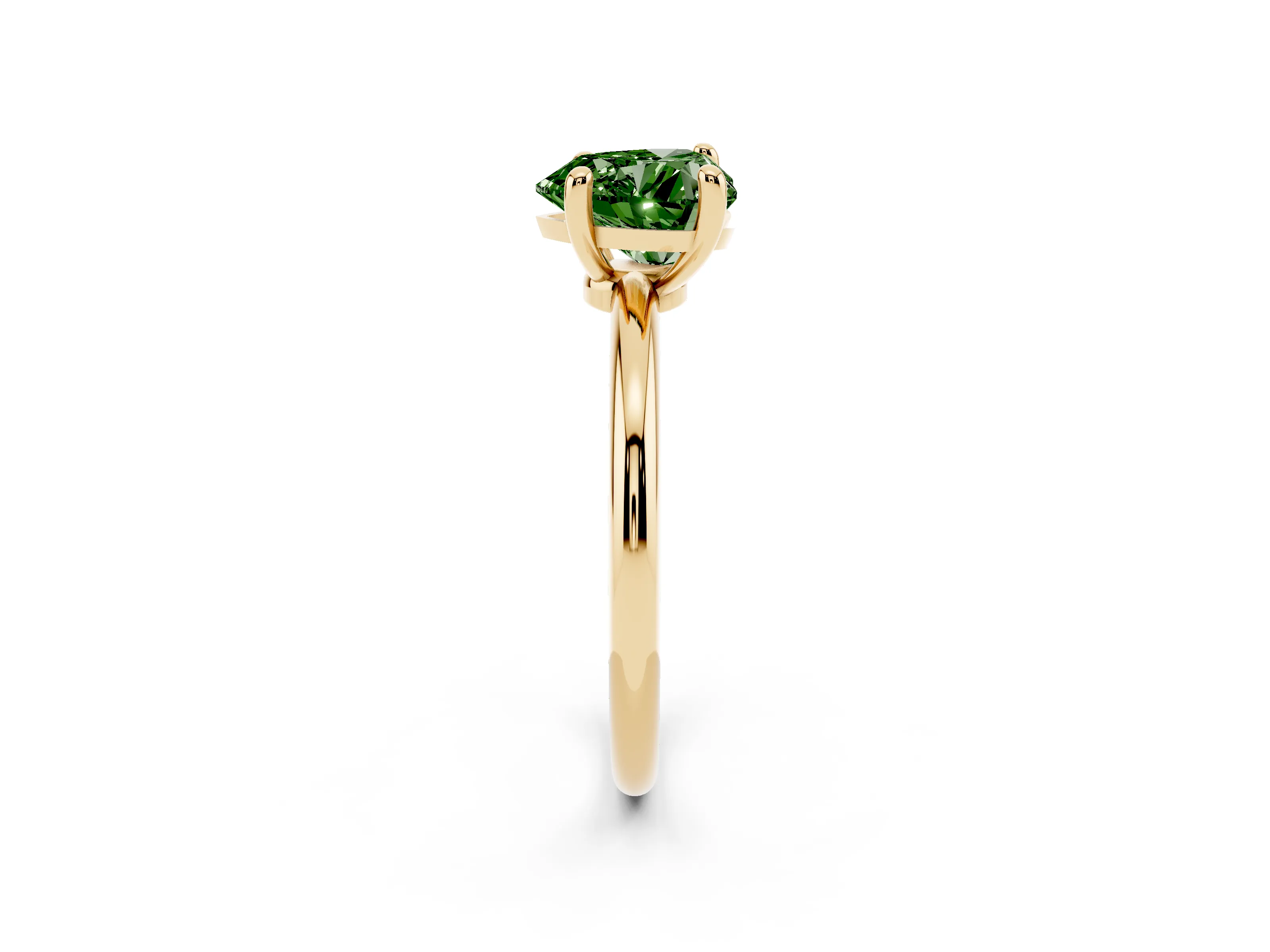 Fancy Green Heart Cut Diamond Solitaire Ring Set in Yellow gold with Secure Prong Setting on a Classic Band