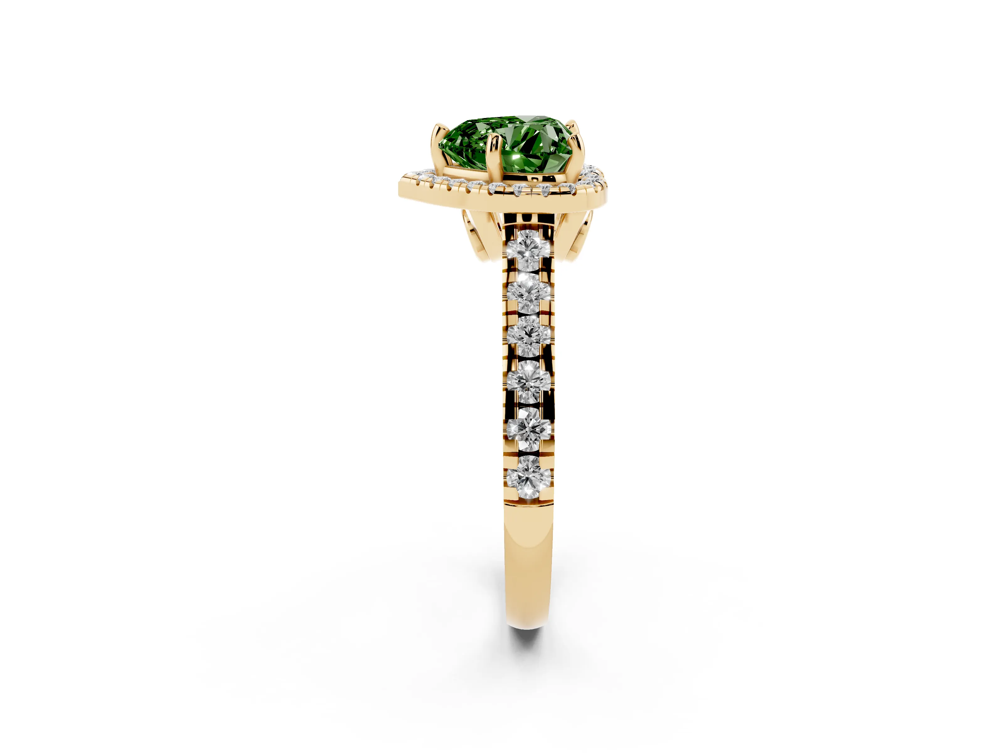 Fancy Green Heart Cut Diamond Halo Engagement Ring Set in Yellow gold with Pavé Band and Prong-Set Center