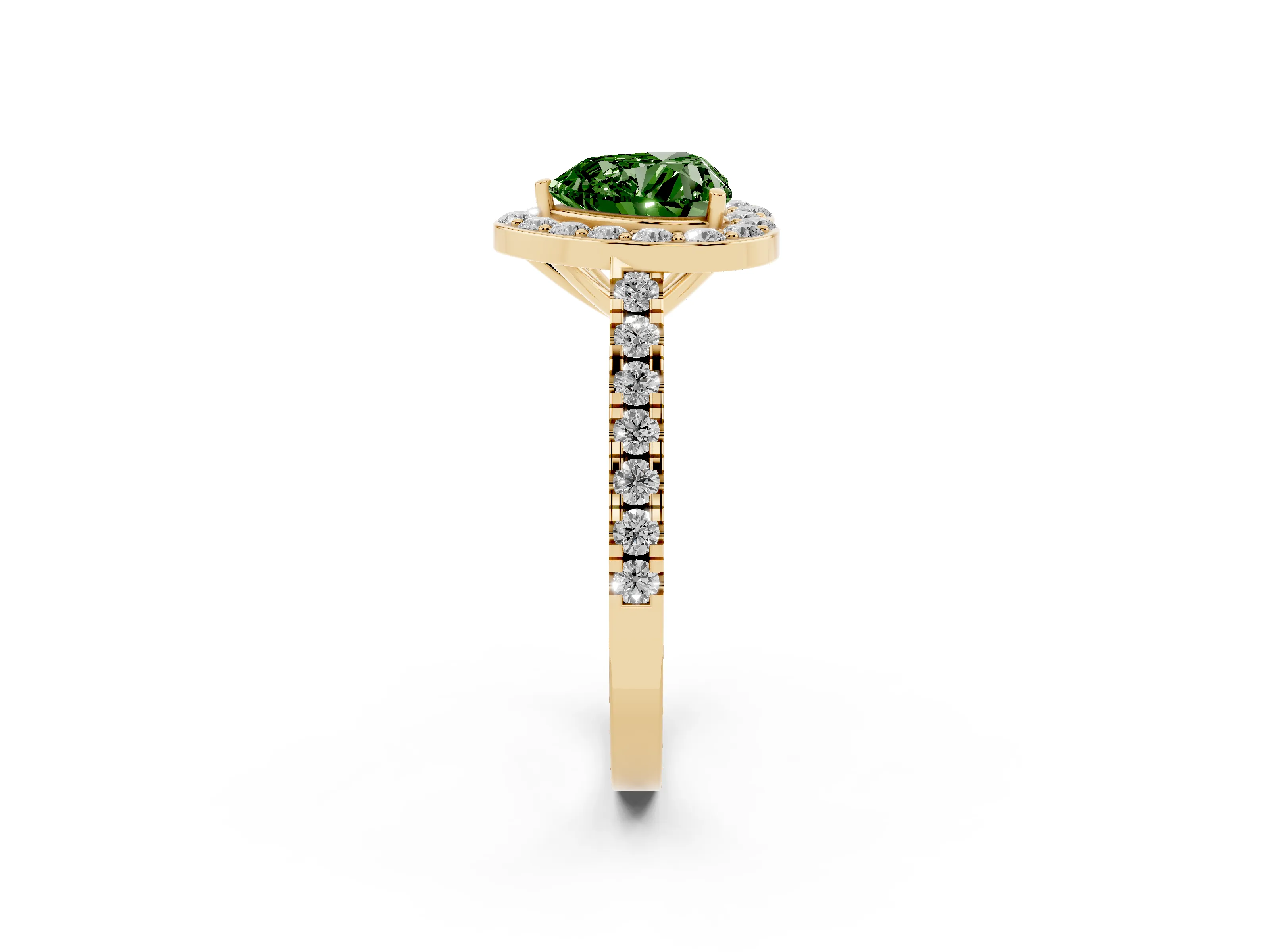Fancy Green Heart Cut Diamond Halo Ring Set in Yellow gold with Round Pavé Split Shank and Prong Setting