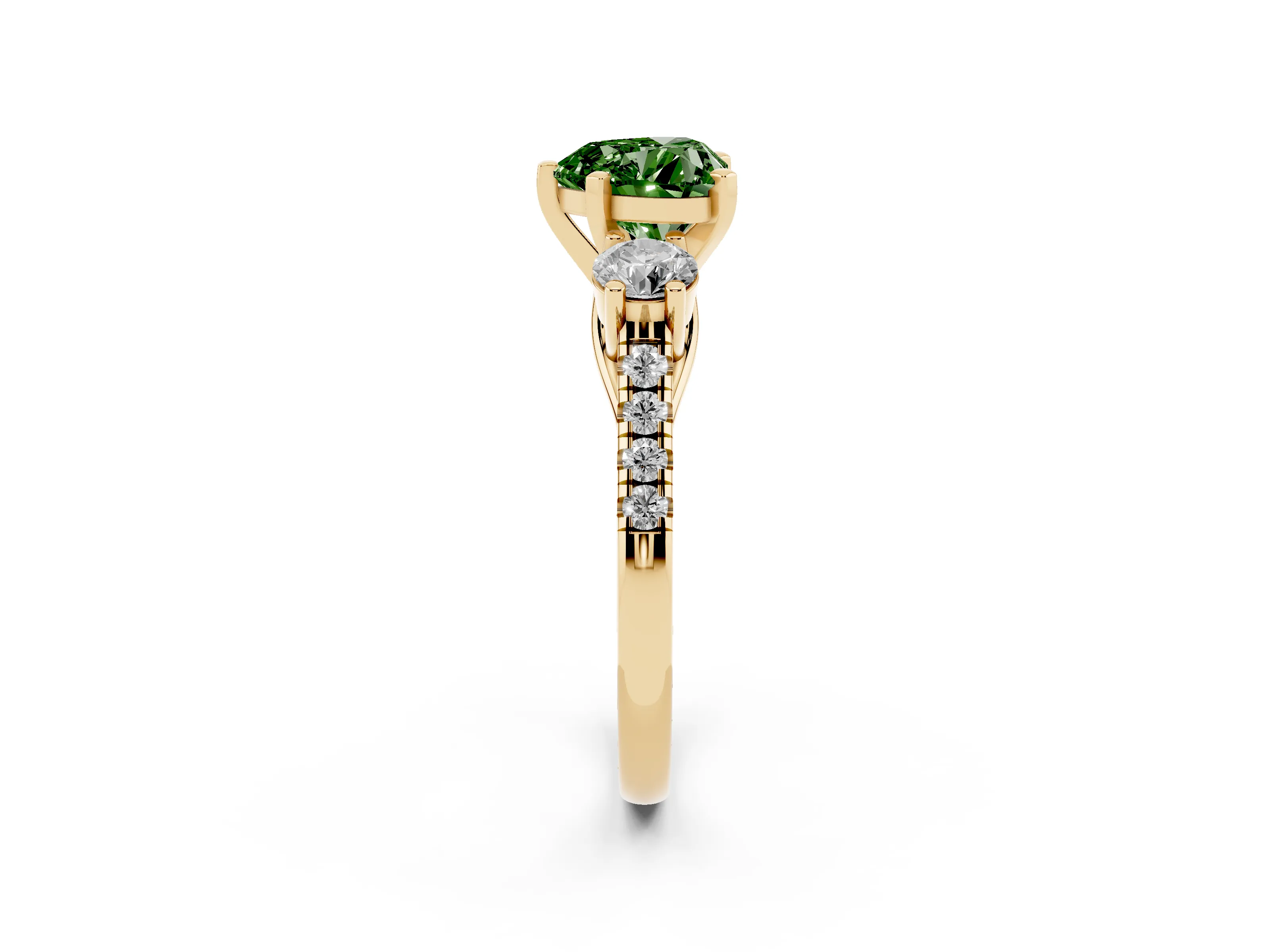 Fancy Green Three-Stone Heart Cut Diamond Pavé Band Ring Set in Yellow gold with Prong-Set Trio