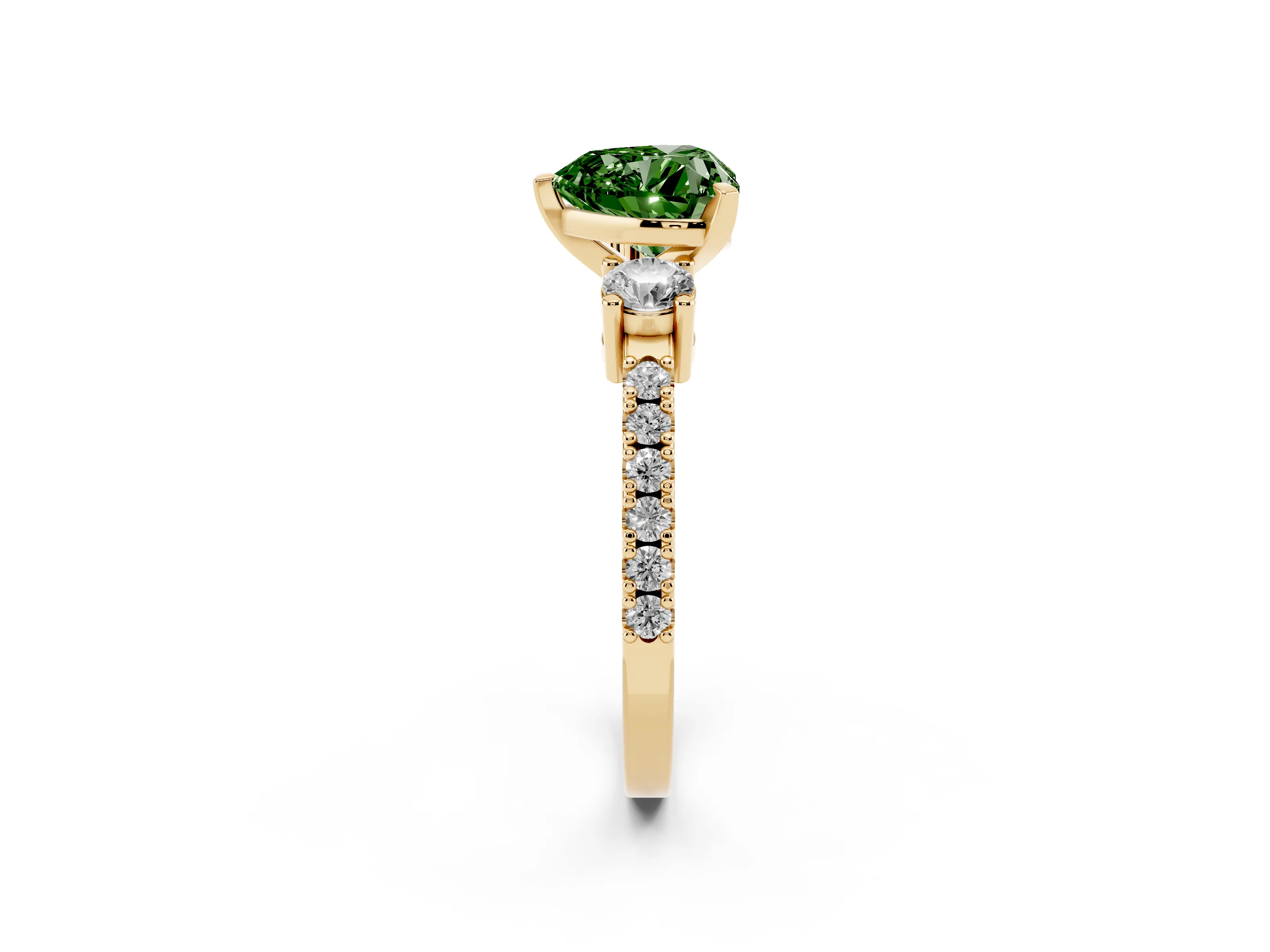 Fancy Green Three-Stone Heart Cut Diamond Pavé Band Ring Set in Yellow gold with Prong Setting