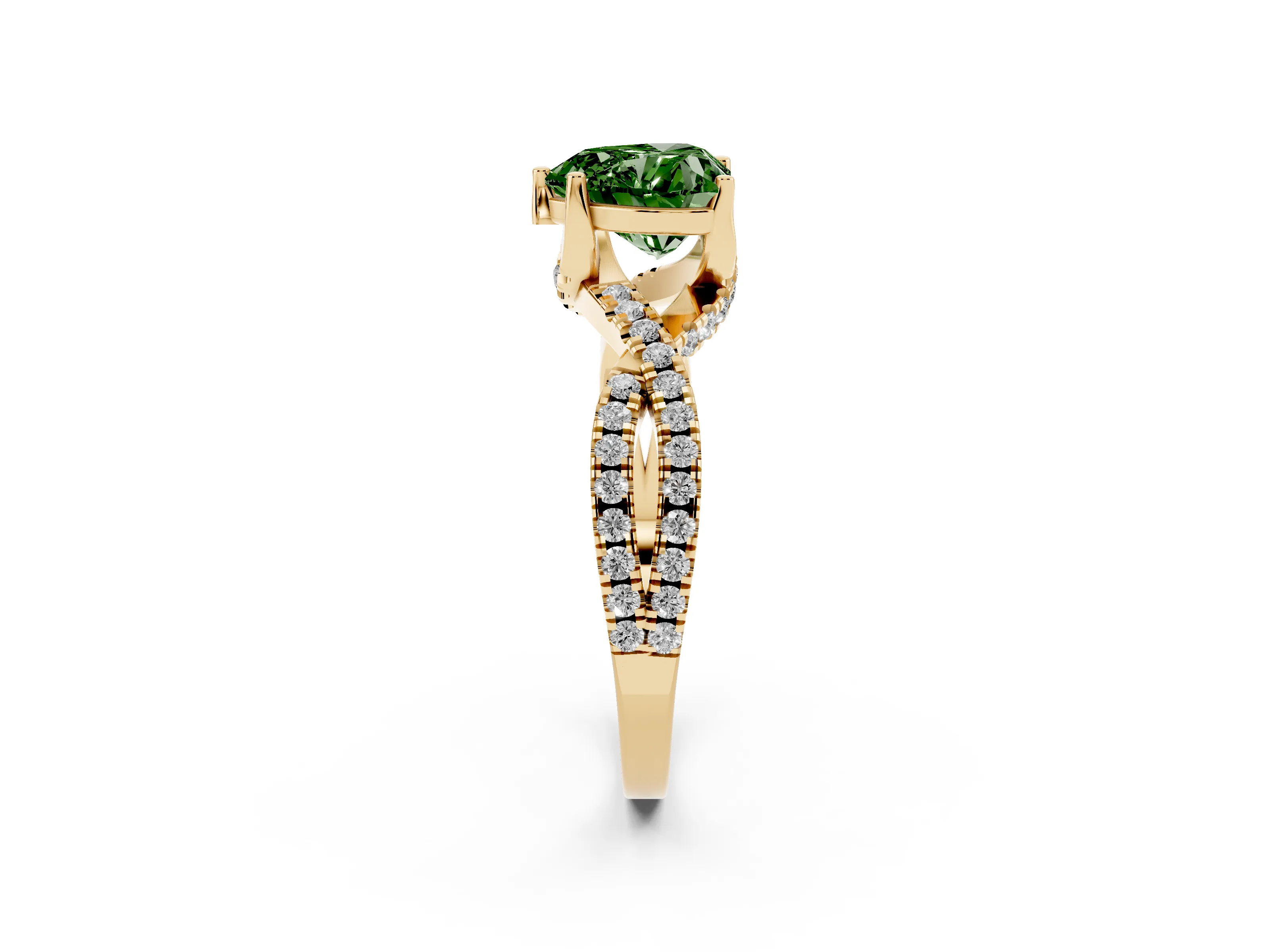 Fancy Green Heart Cut Diamond Twist Pavé Solitaire Engagement Ring Set in Yellow gold with Prong Setting