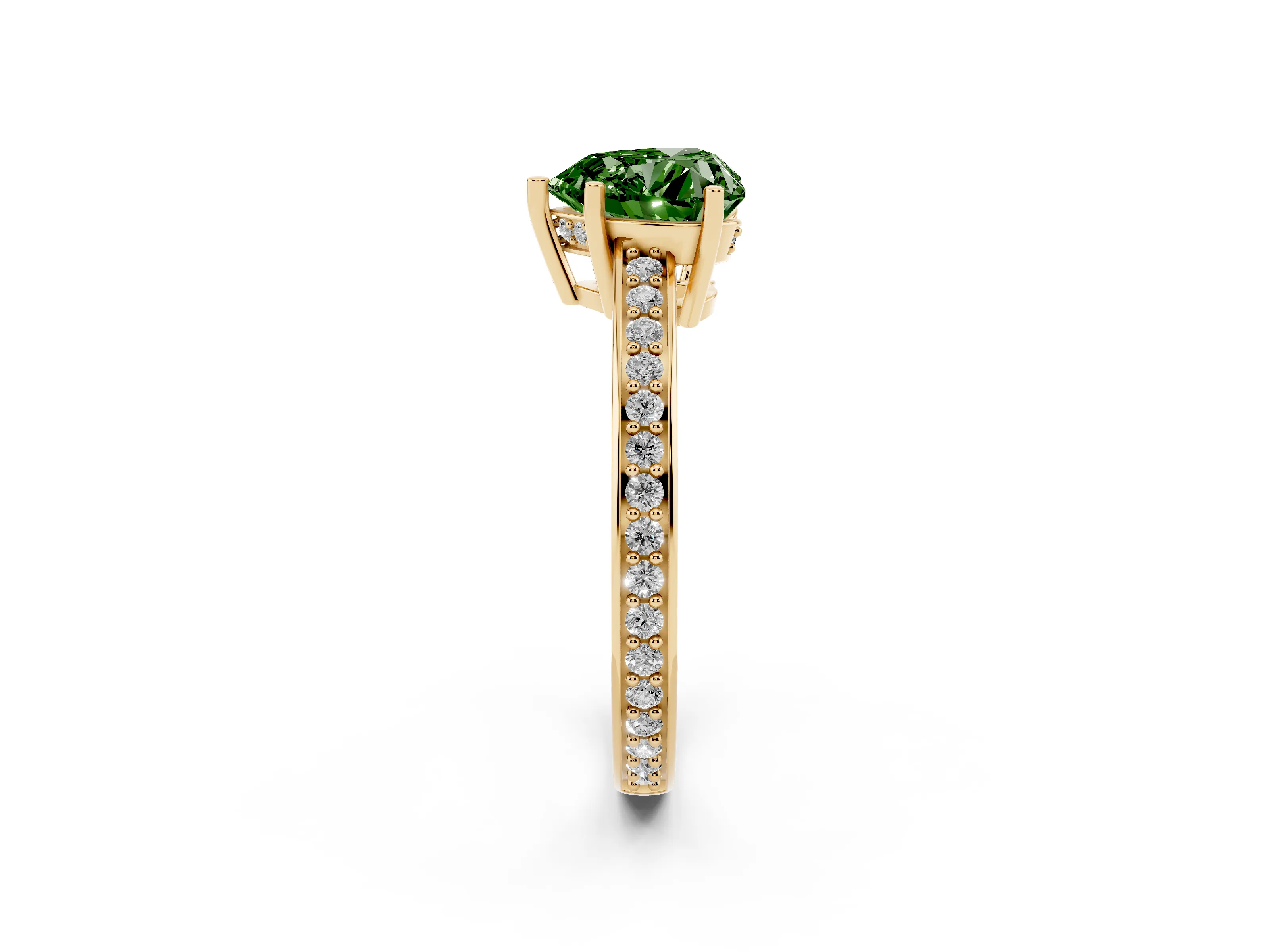 Fancy Green Heart Cut Diamond Pavé Band Prong Set Solitaire Ring Set in Yellow gold