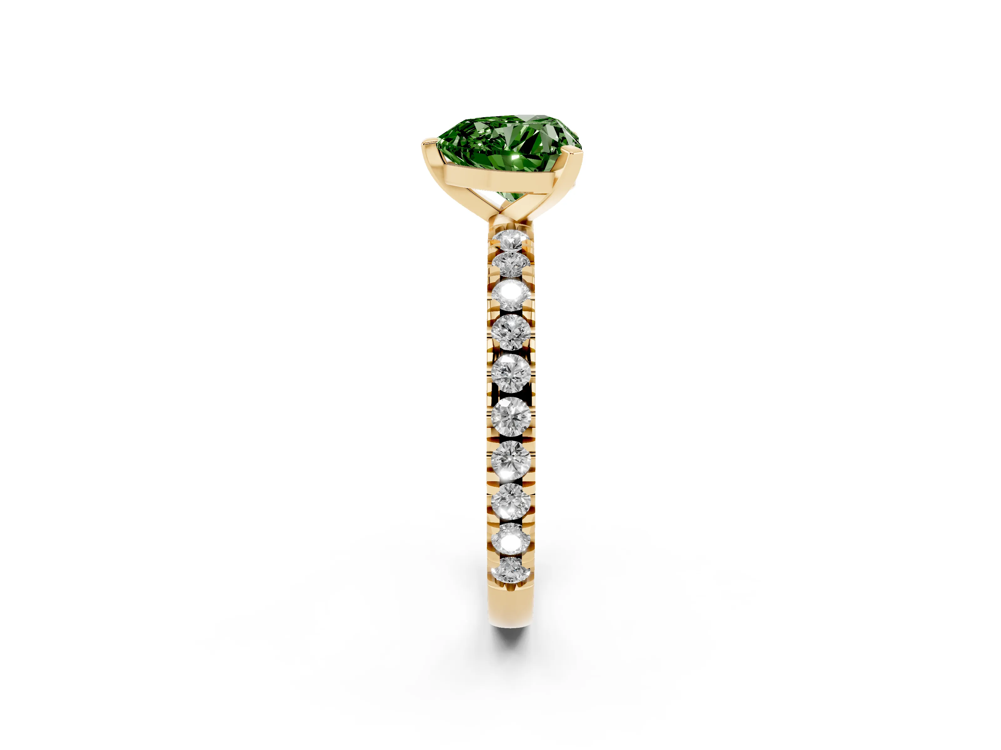 Fancy Green Heart Cut Diamond Pavé Band Solitaire Set in Yellow gold with Prong Setting