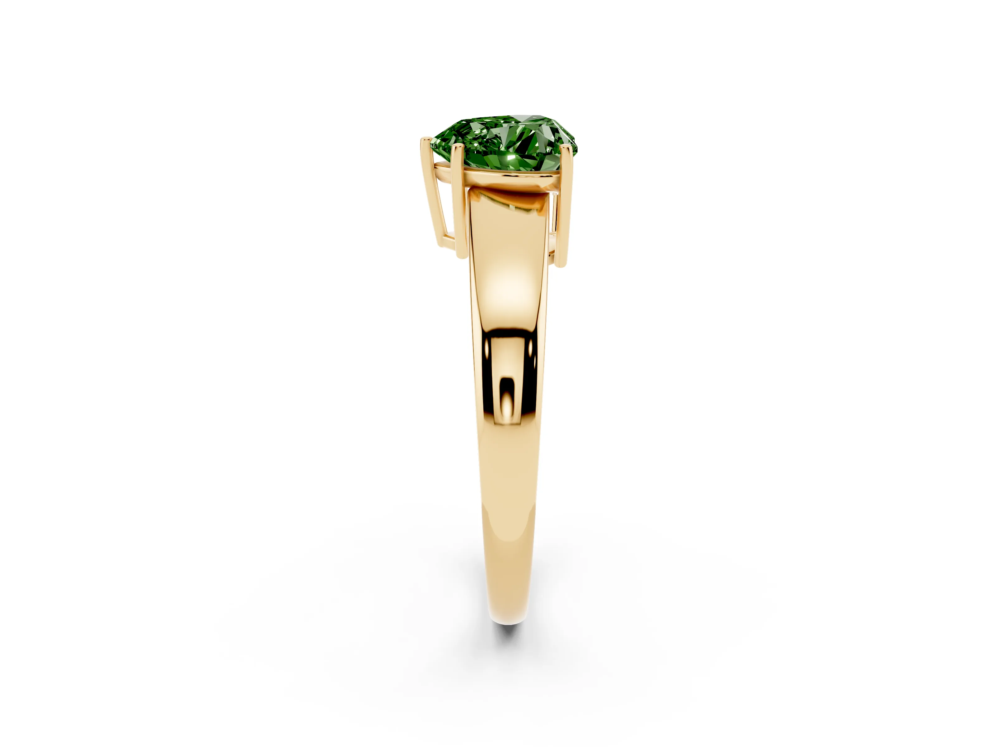 Fancy Green Heart Cut Diamond Solitaire Ring Set in Yellow gold with Tapered Band and Prong Setting