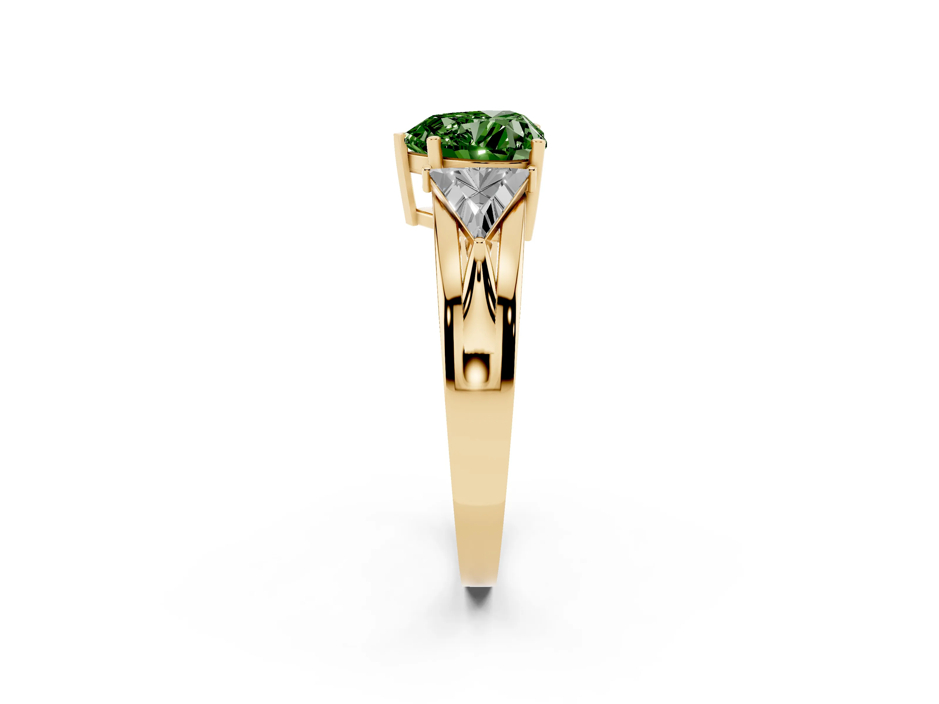 Fancy Green Heart Cut Diamond Three-Stone Ring Set in Yellow gold with Trillion Side Stones and Split Shank