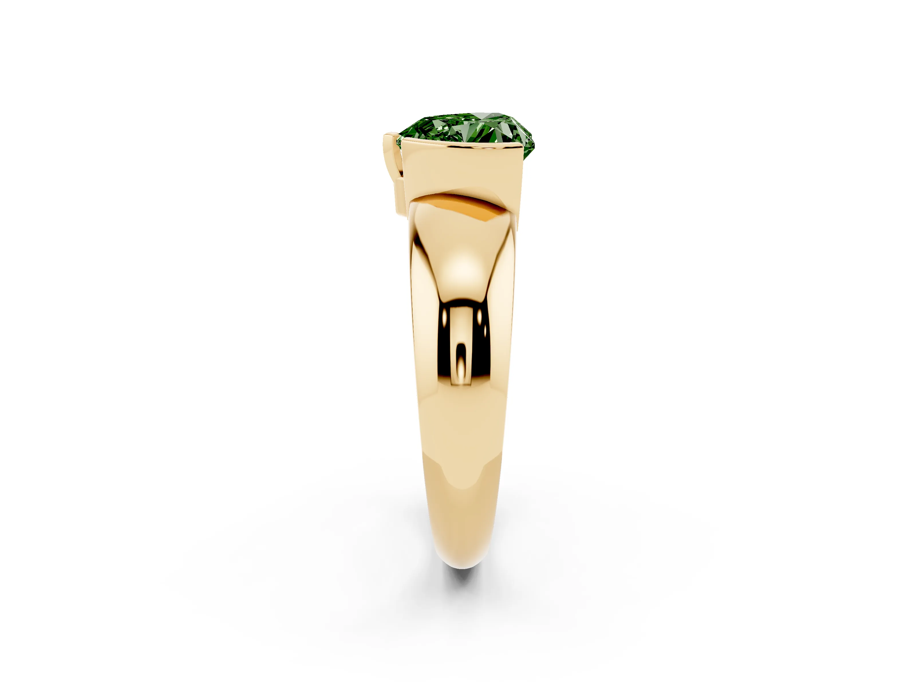 Fancy Green Heart Cut Diamond Solitaire Tension Set Ring Set in Yellow gold with Wide Band