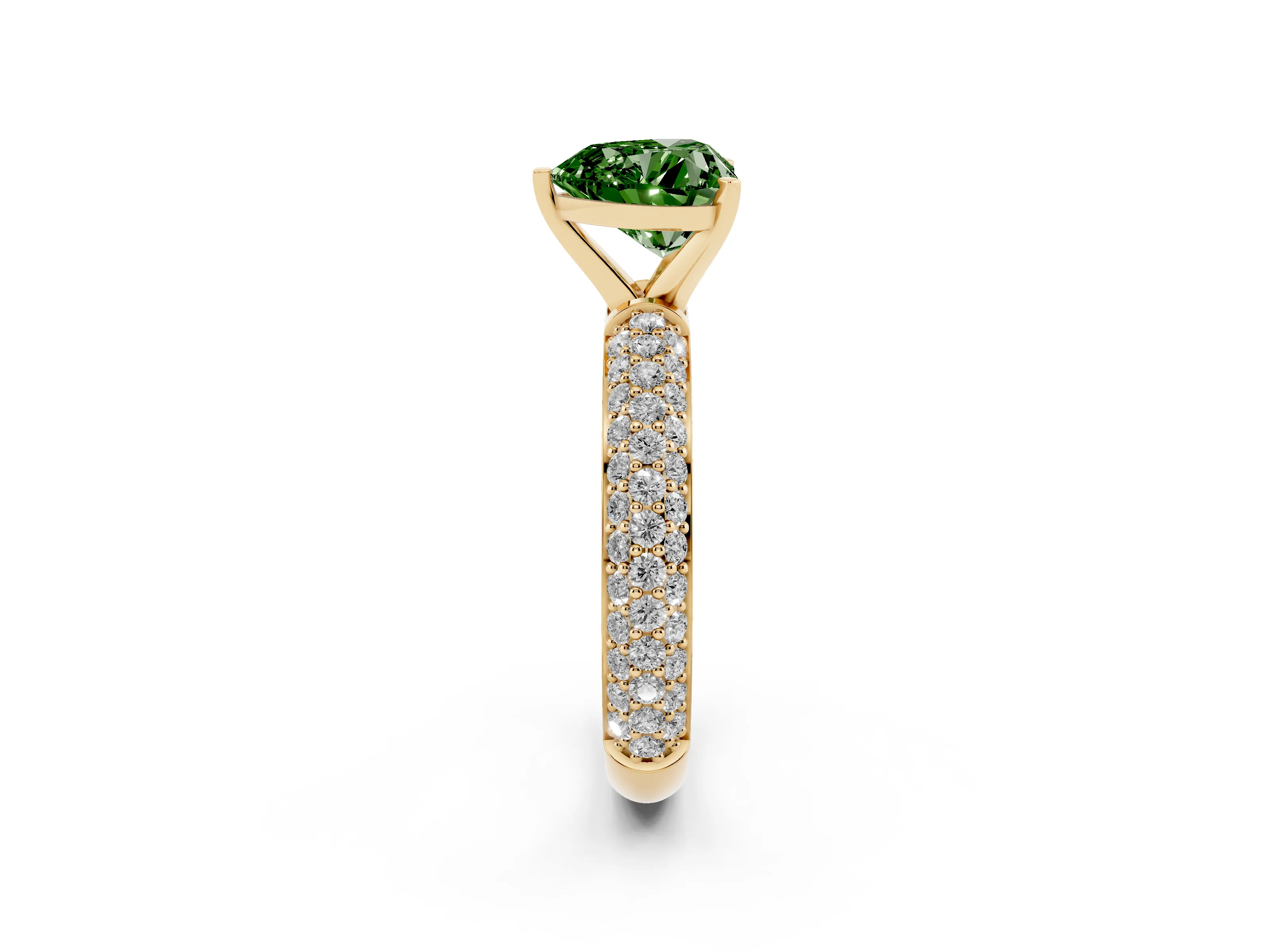 Fancy Green Heart Cut Diamond Solitaire Ring Set in Yellow gold with Prong Setting and Pavé-Set Band