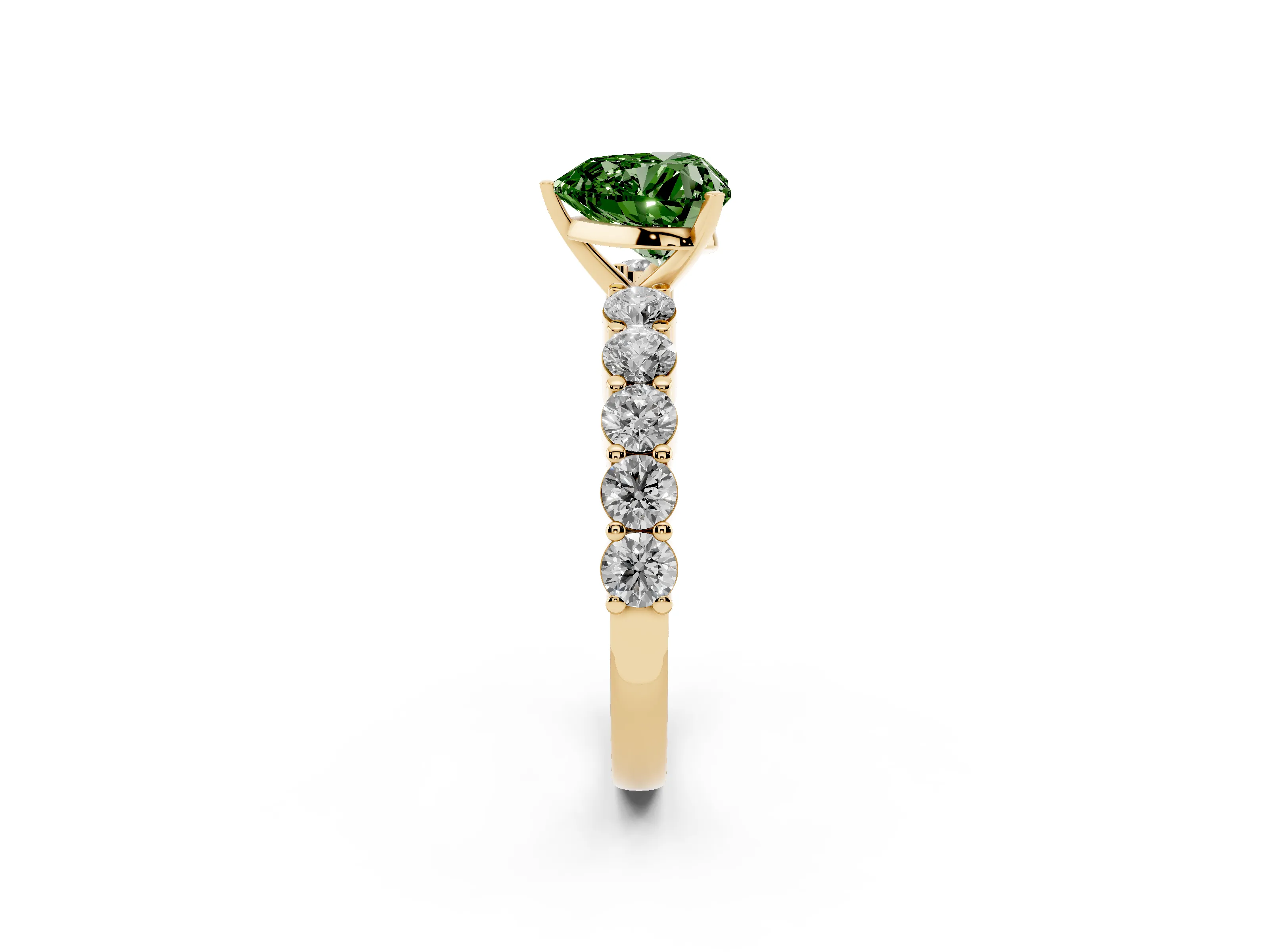 Fancy Green Heart Cut Diamond Solitaire Ring Set in Yellow gold with Shared Prong Round Side Stones