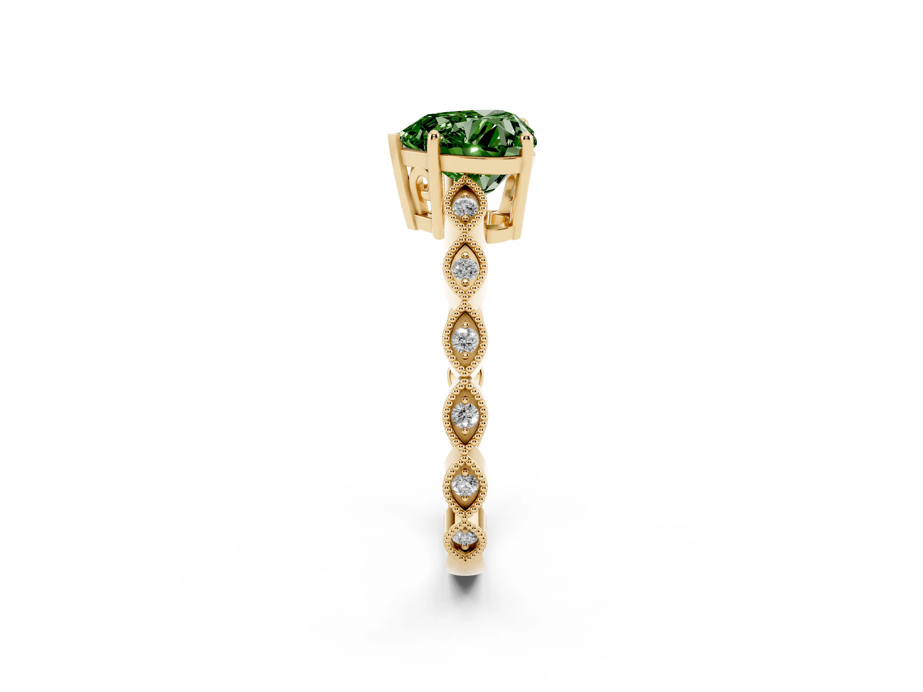 Fancy Green Heart Cut Diamond Solitaire Ring Set in Yellow gold with Infinity Twist Pavé Band