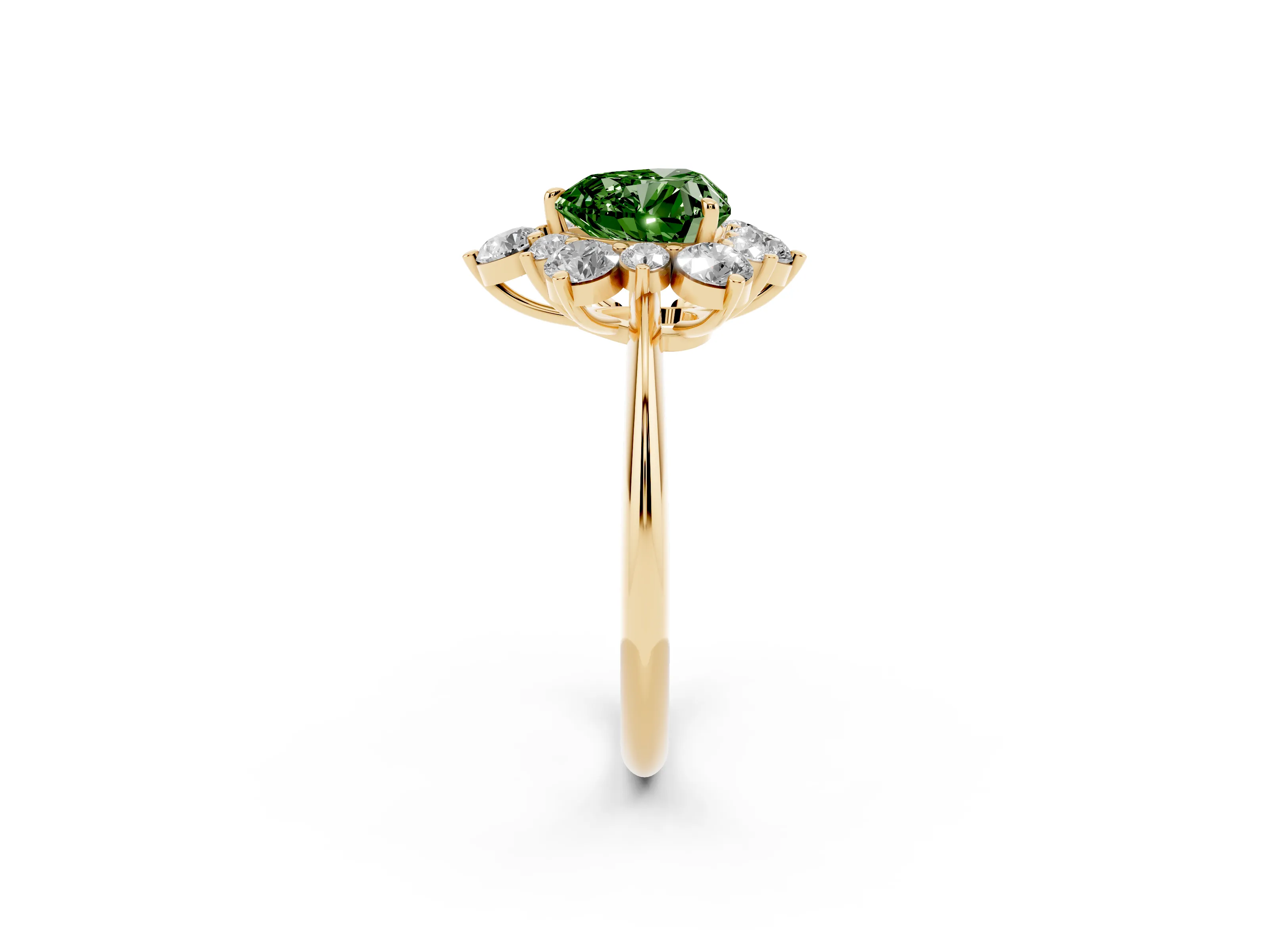 Fancy Green Heart Cut Diamond Cluster Halo Ring Set in Yellow gold with Solitaire Band and Prong Setting