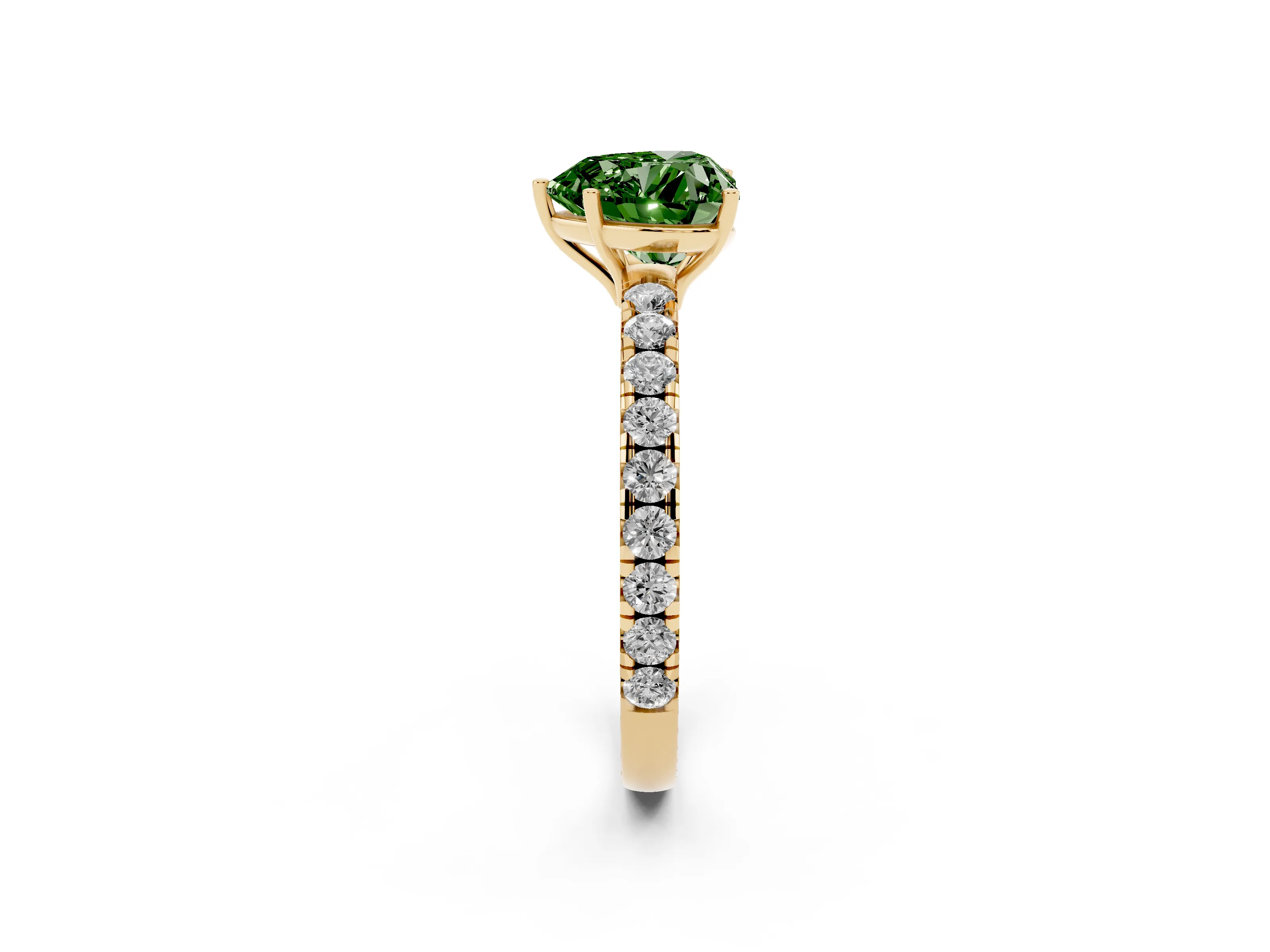 Fancy Green Heart Cut Diamond Pavé Solitaire Engagement Ring Set in Yellow gold with Prong Setting