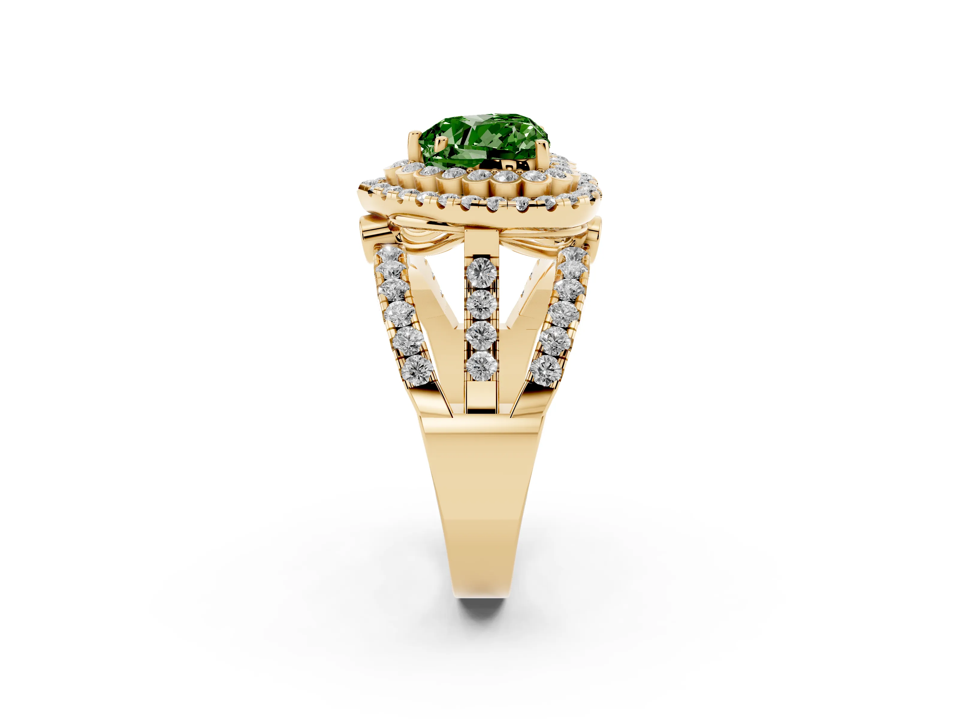 Fancy Green Heart Cut Diamond Double Halo Ring Set in Yellow gold with Round Pavé Split Shank