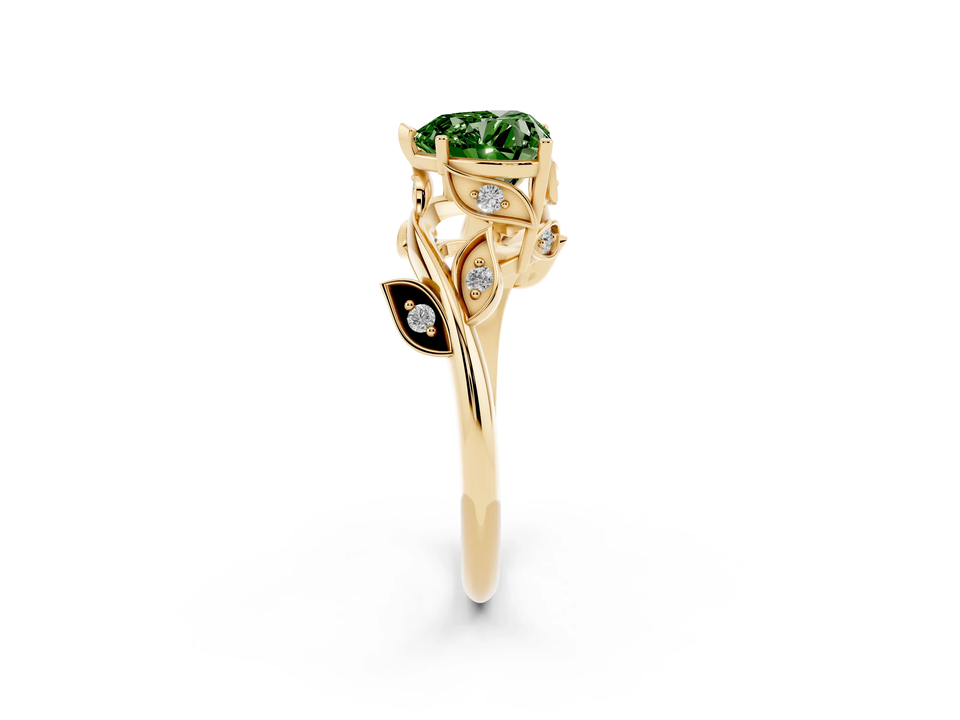 Fancy Green Heart Cut Diamond Solitaire Twist Engagement Ring Set in Yellow gold with Pavé Leaf Accents