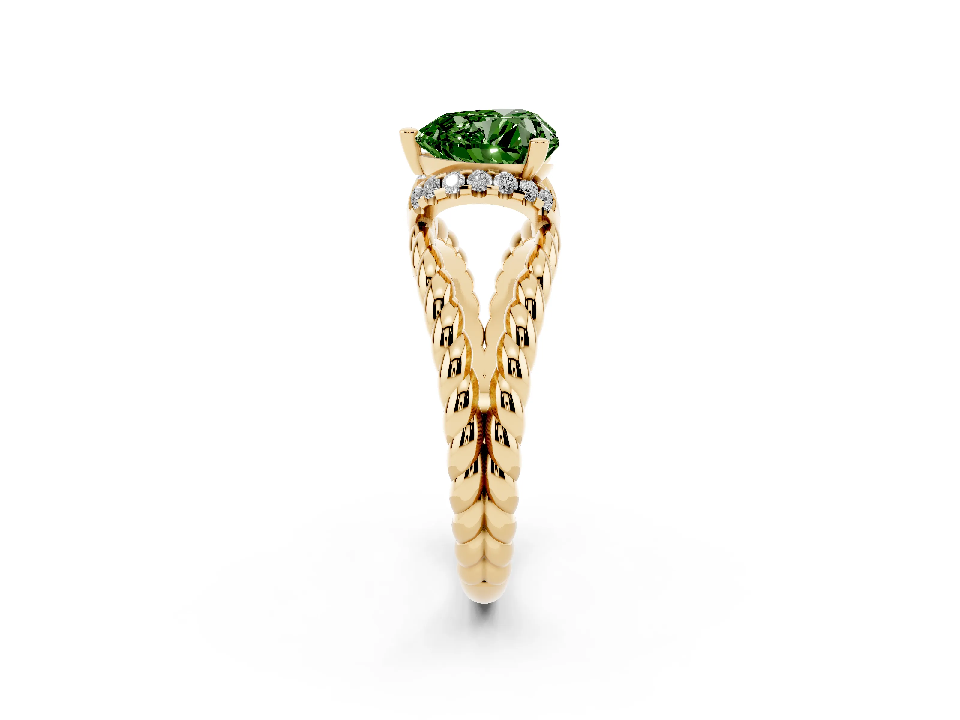 Fancy Green Heart Cut Diamond Halo Ring Set in Yellow gold with Twisted Band and Prong Setting