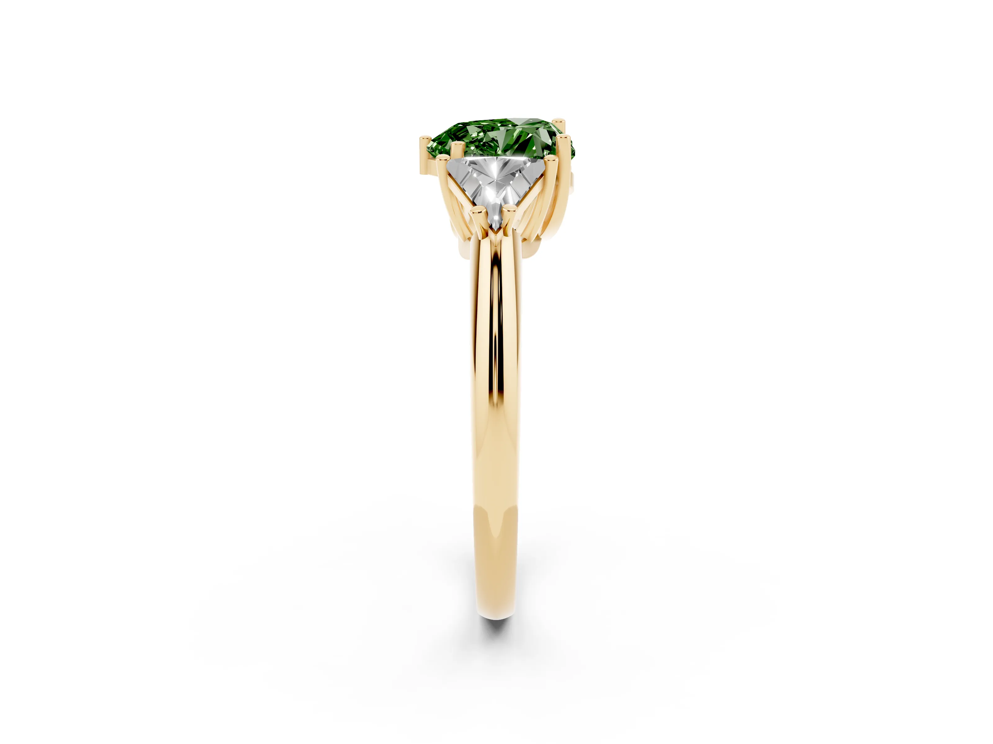 Fancy Green Heart Cut Diamond Three-Stone Engagement Ring Set in Yellow gold with Trillion Side Stones