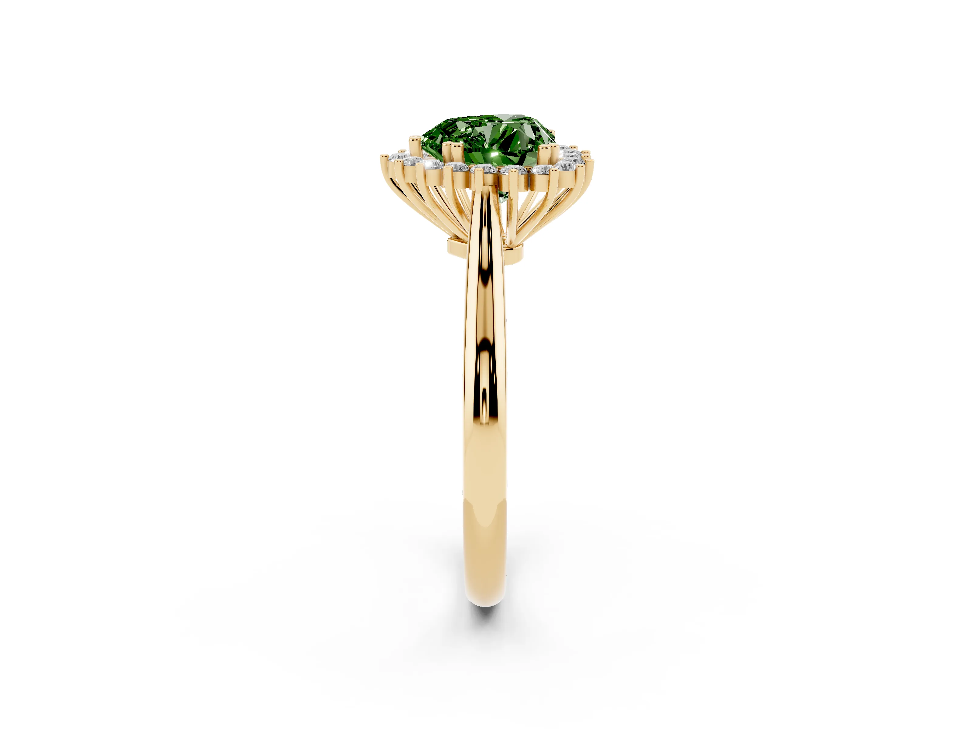 Fancy Green Heart Cut Diamond Halo Ring Set in Yellow gold with Plain Solitaire Band and Prong Setting