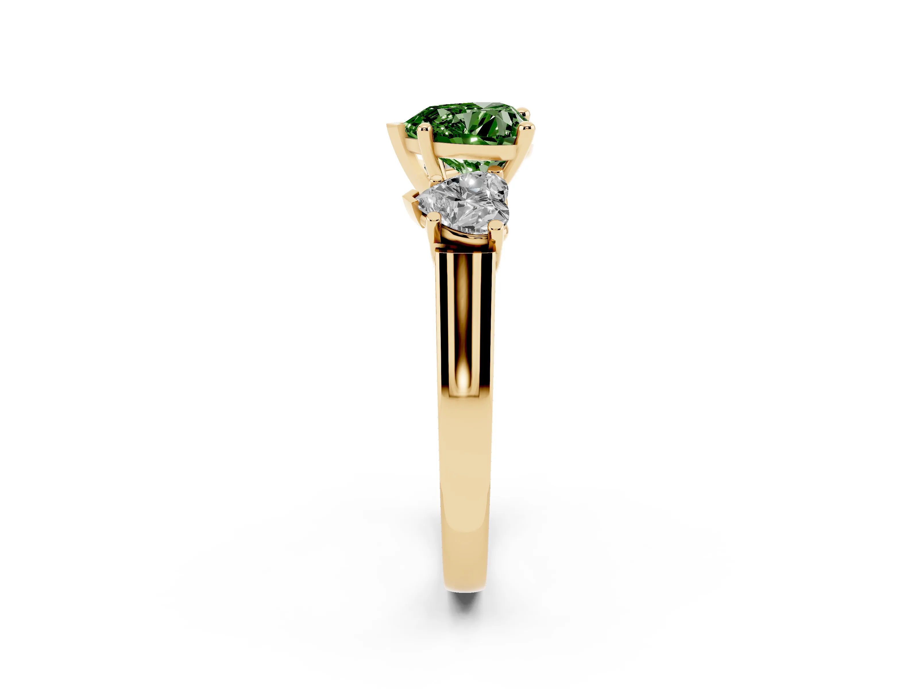 Fancy Green Heart Cut Diamond Three-Stone Trellis Ring Set in Yellow gold with Comfort Fit Band