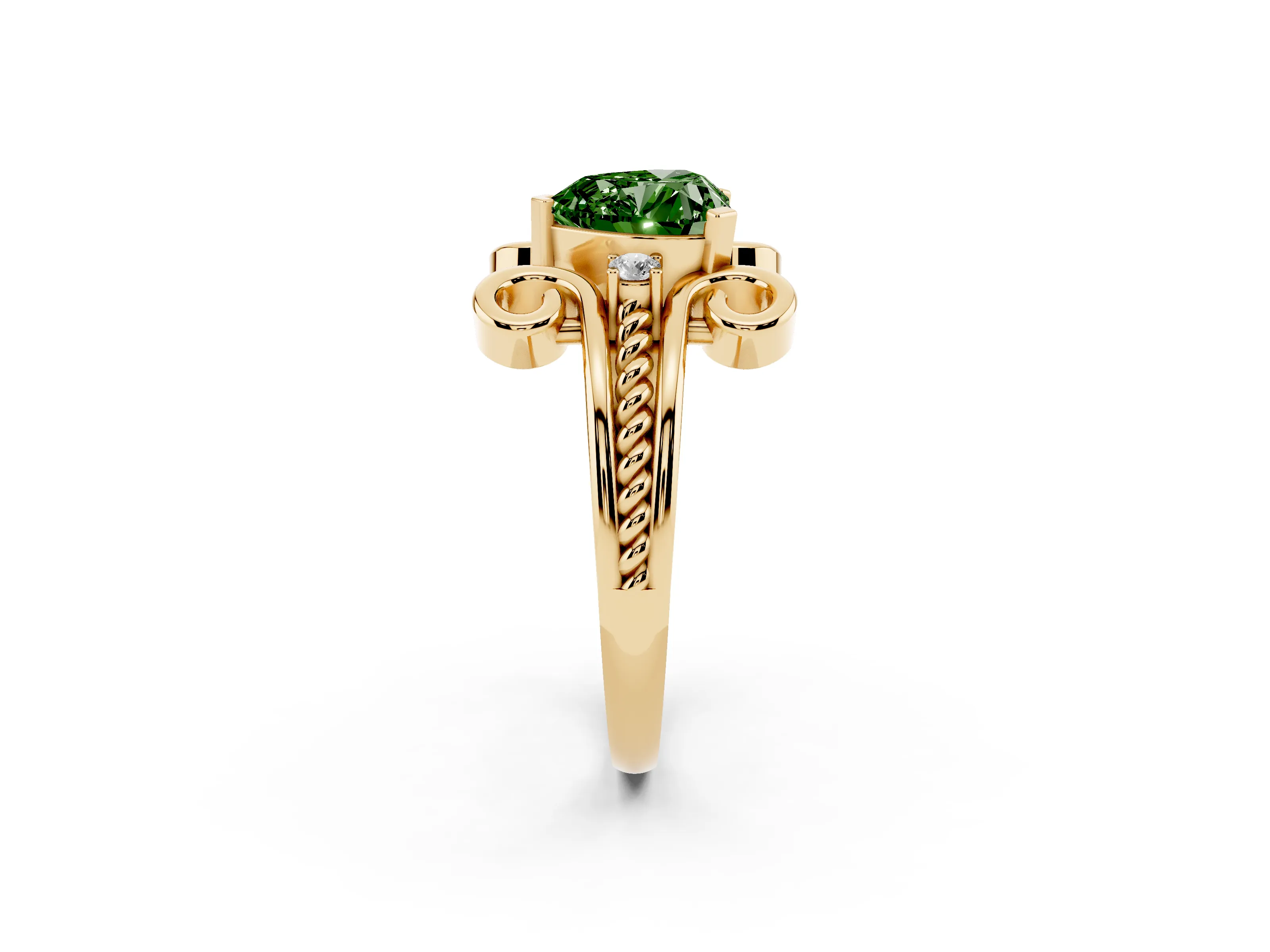 Fancy Green Heart Cut Diamond Twisted Band Solitaire Ring Set in Yellow gold with Scroll Prongs