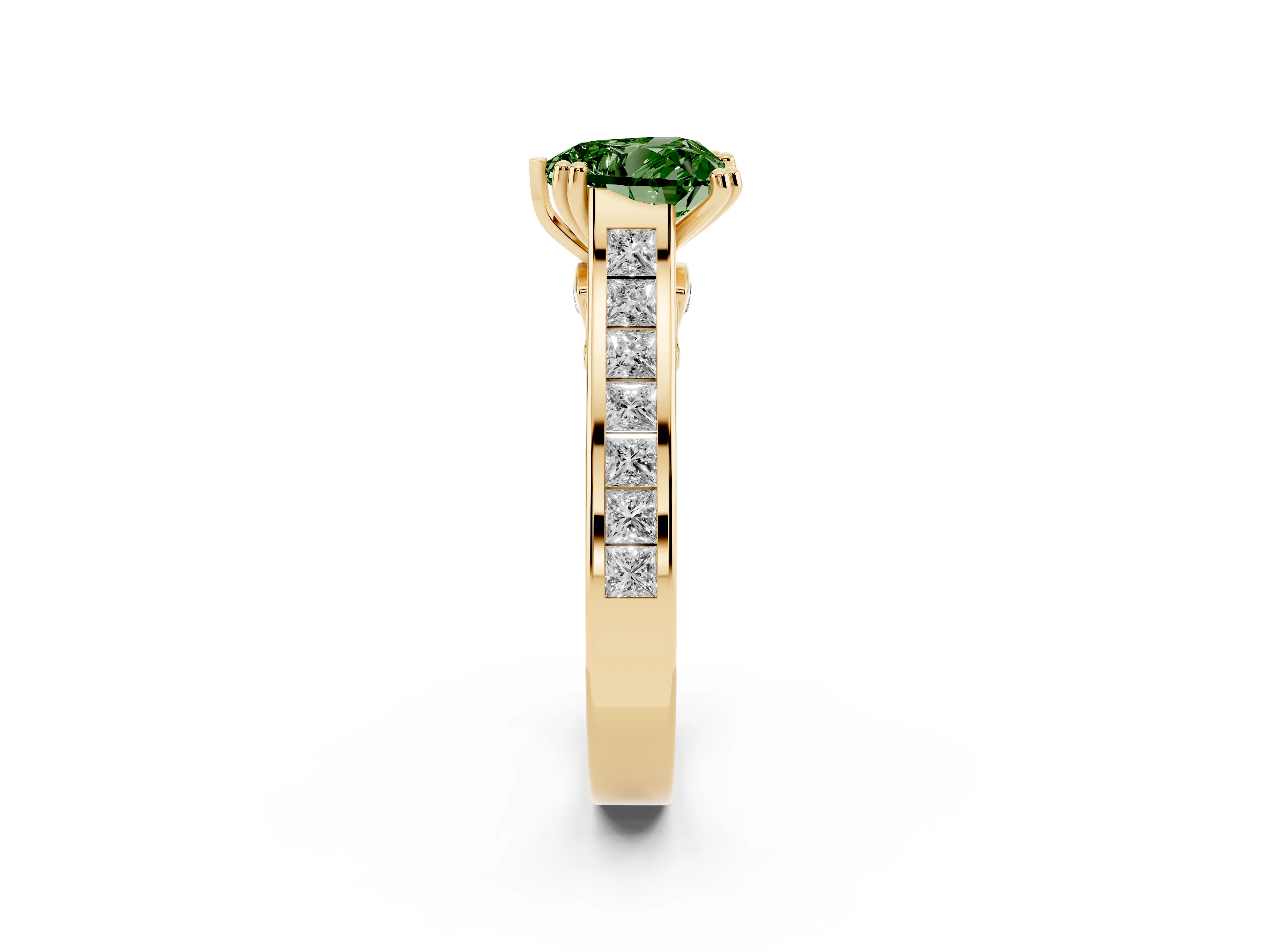 Fancy Green Heart Cut Diamond Channel Set Solitaire Engagement Ring Set in Yellow gold with Prong Setting