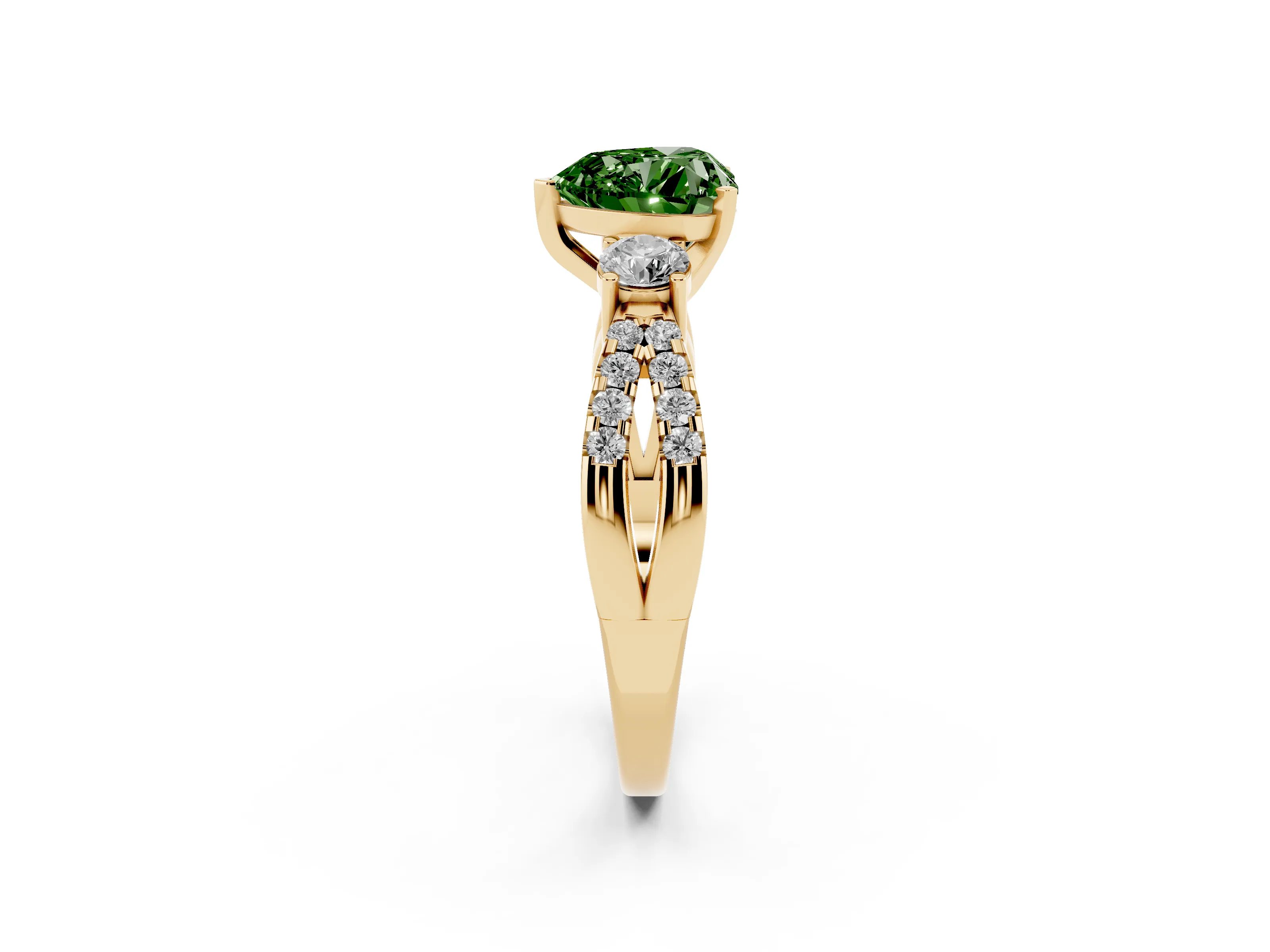 Fancy Green Heart Cut Diamond Three-Stone Ring Set in Yellow gold with Pavé Split Shank and Prong Setting