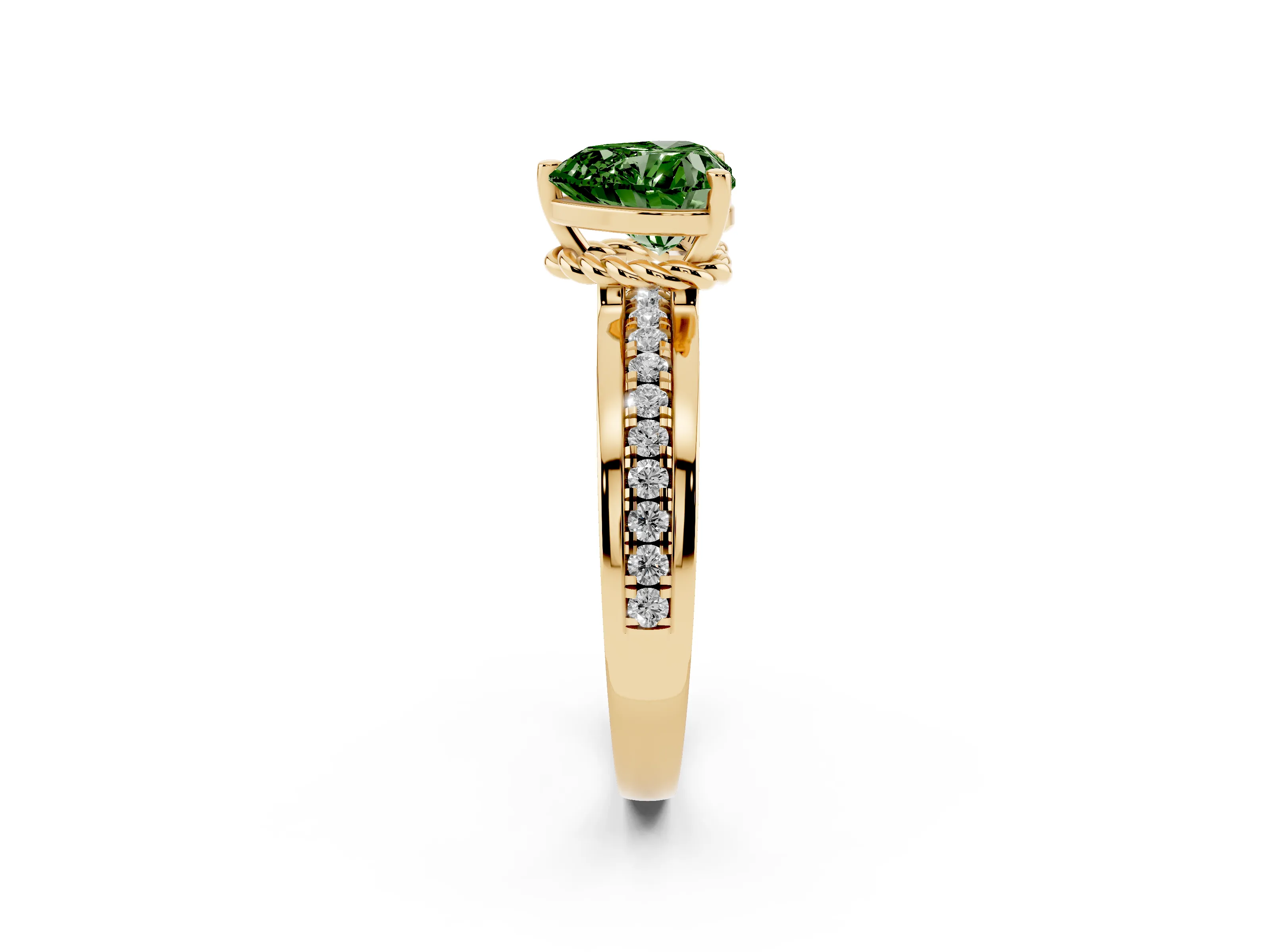 Fancy Green Heart Cut Diamond Solitaire Ring Set in Yellow gold with Channel Set Band and Prong Setting