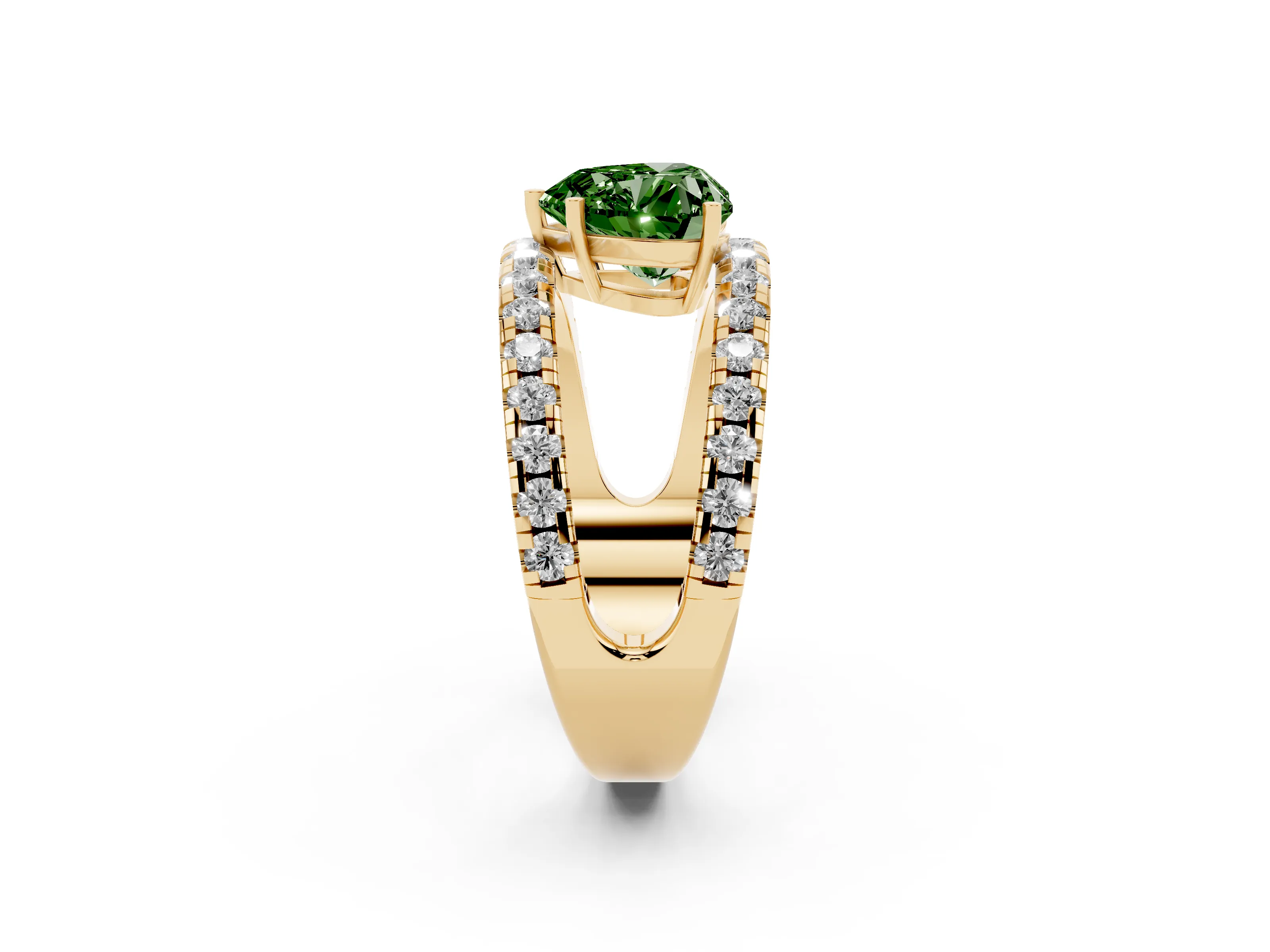 Fancy Green Heart Cut Diamond Split Shank Pavé Solitaire Ring Set in Yellow gold with Open Shank Design