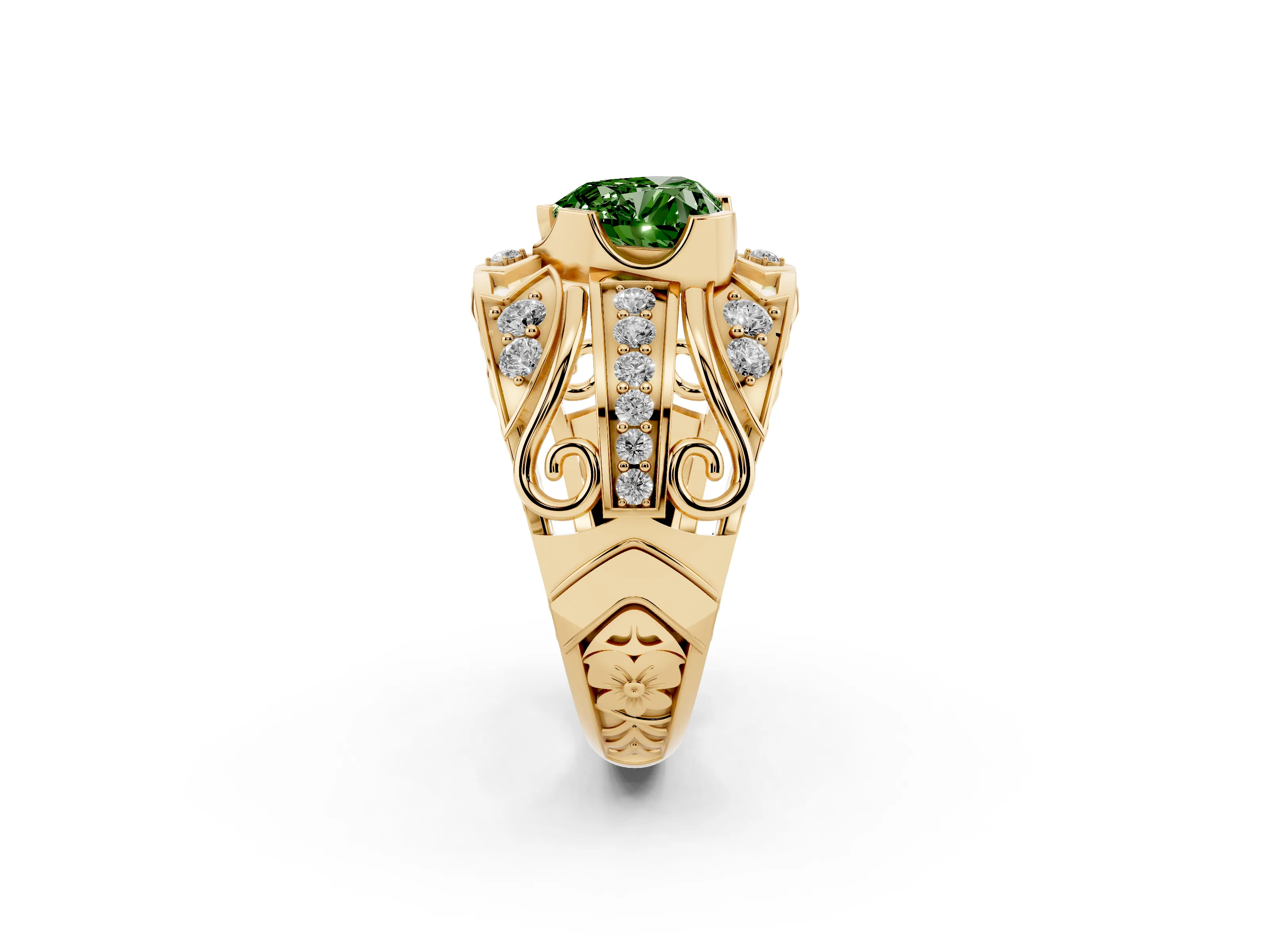 Fancy Green Heart Cut Diamond Art Deco Ring Set in Yellow gold with Pavé Split Shank