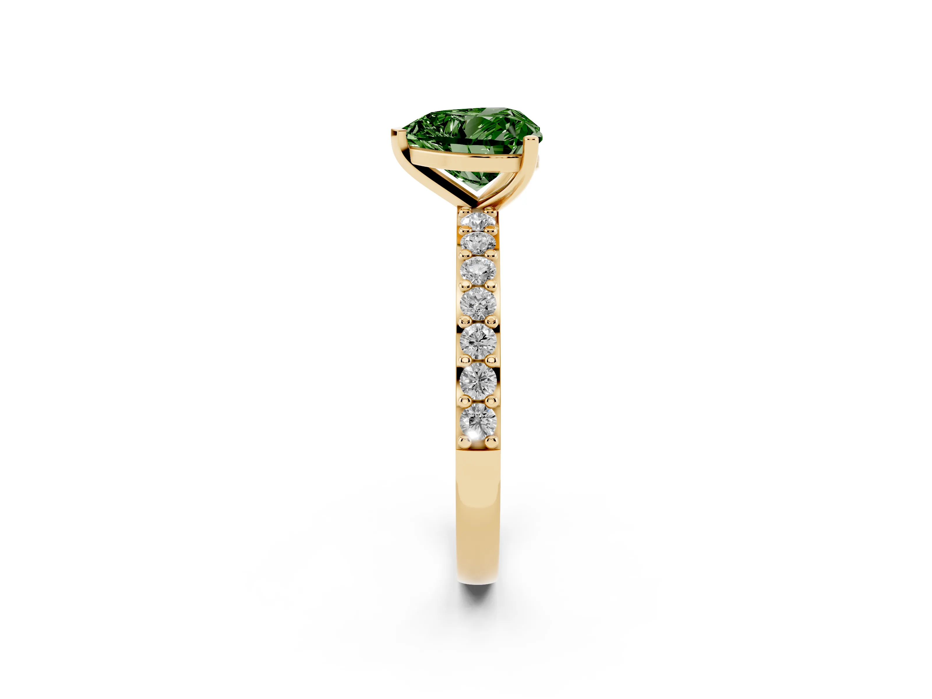 Fancy Green Heart Cut Diamond Solitaire Set in Yellow gold with Round Pavé Band and Prong Setting