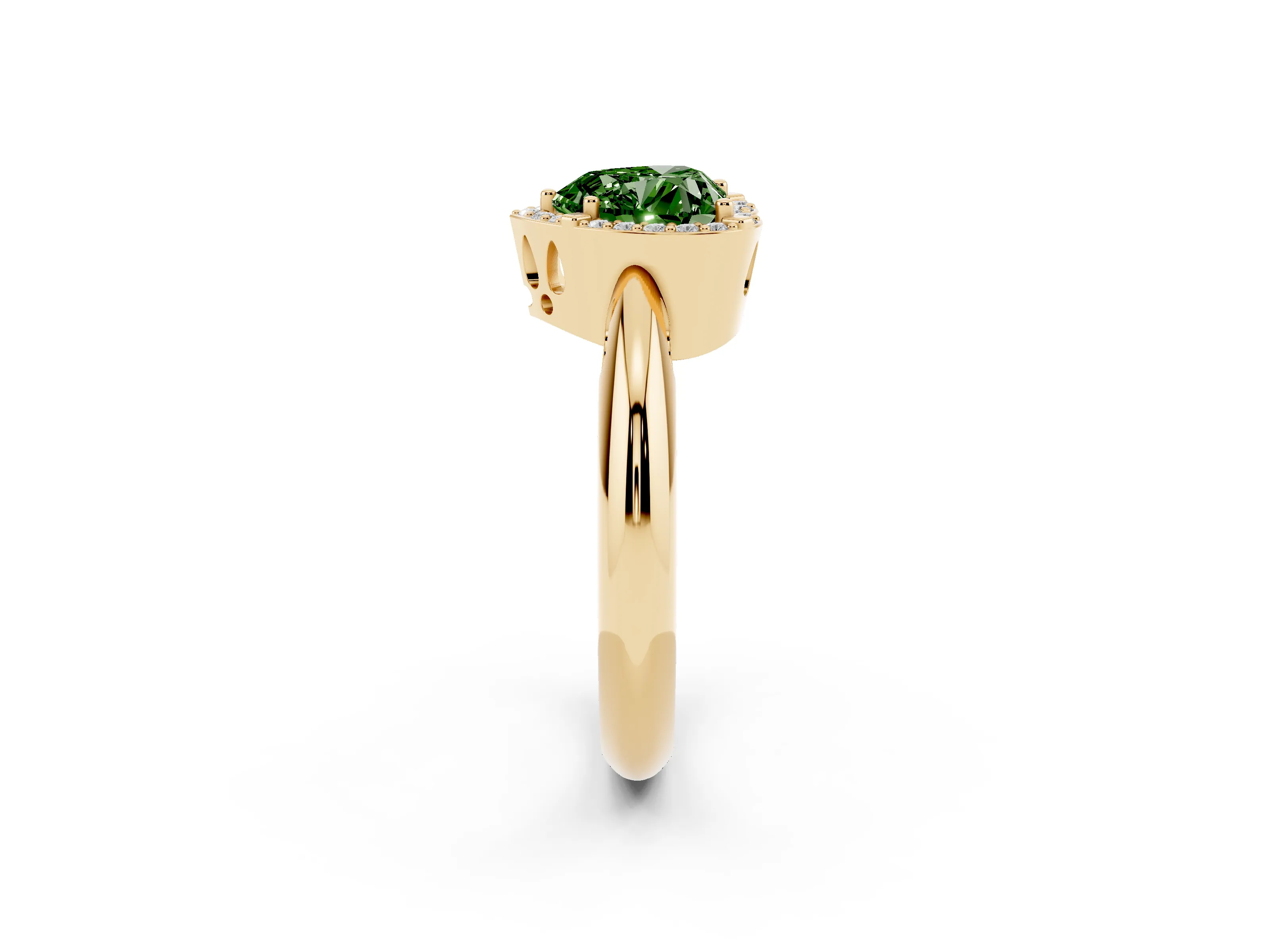 Fancy Green Heart Cut Diamond Halo Engagement Ring Set in Yellow gold with Plain Split Shank and Prong Setting