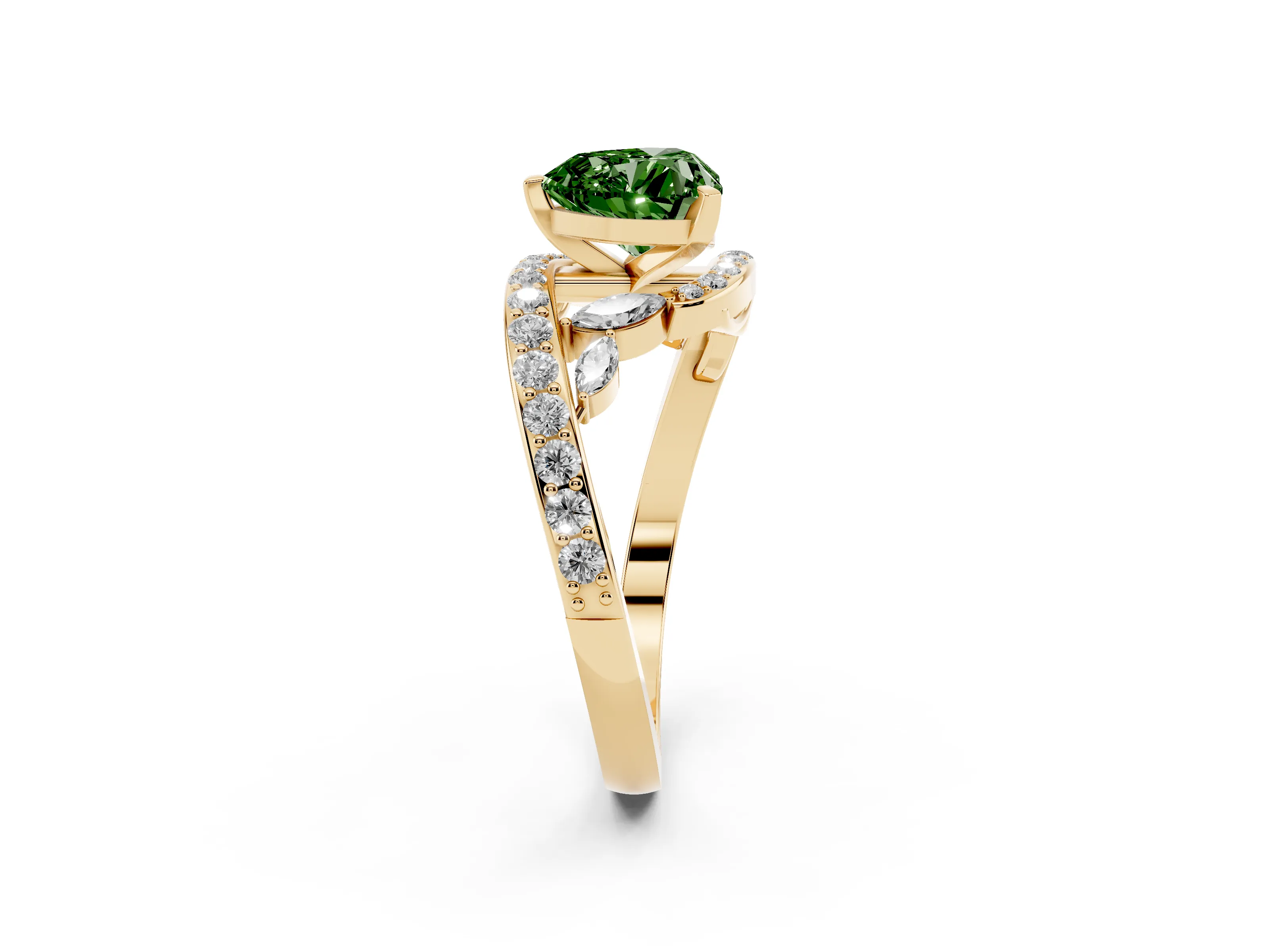 Fancy Green Heart Cut Diamond Solitaire Ring Set in Yellow gold with Pavé Twist Band and Secure Prong Setting