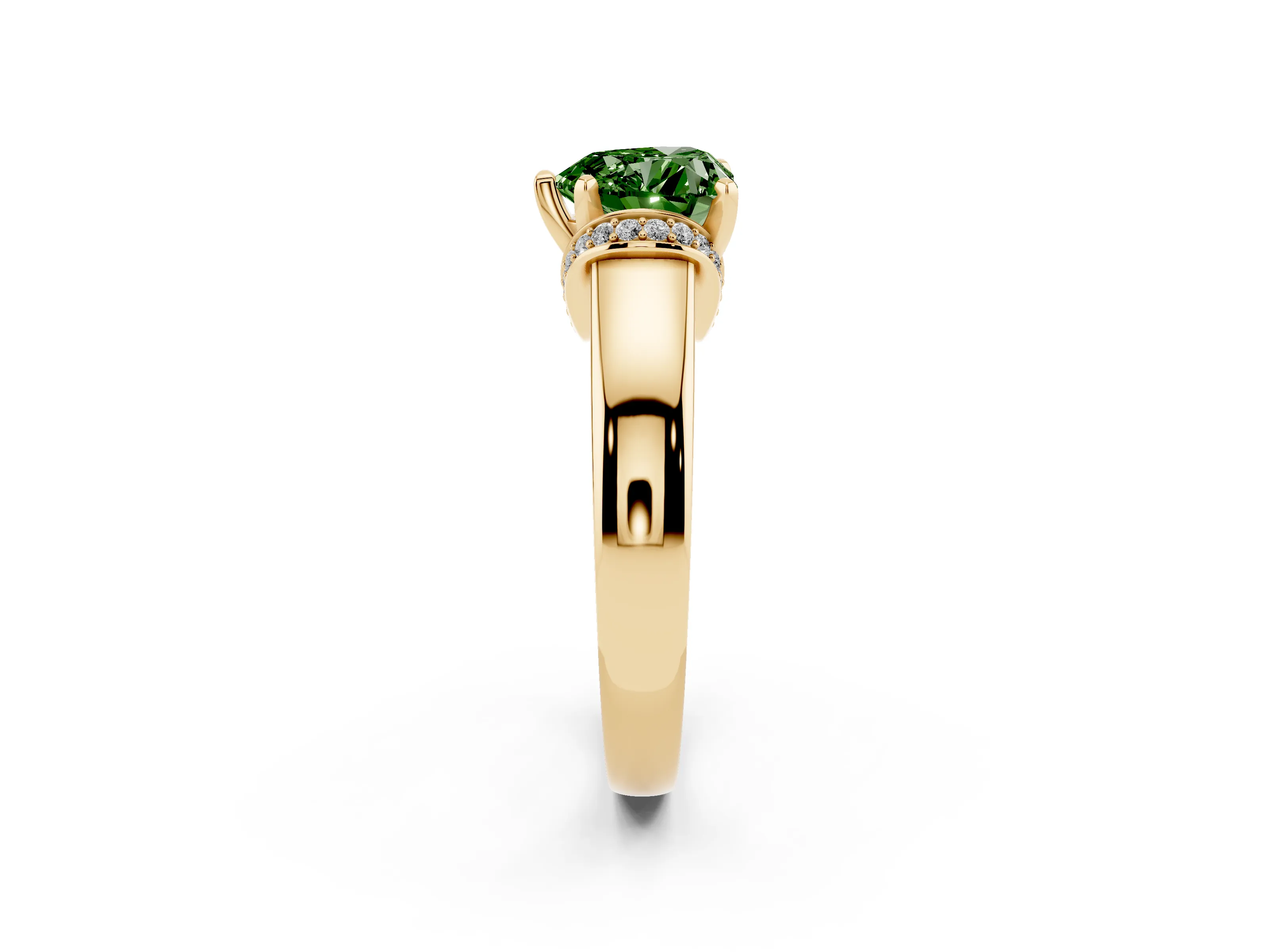 Fancy Green Heart Cut Diamond Pavé Band Solitaire Ring Set in Yellow gold with Prong Setting