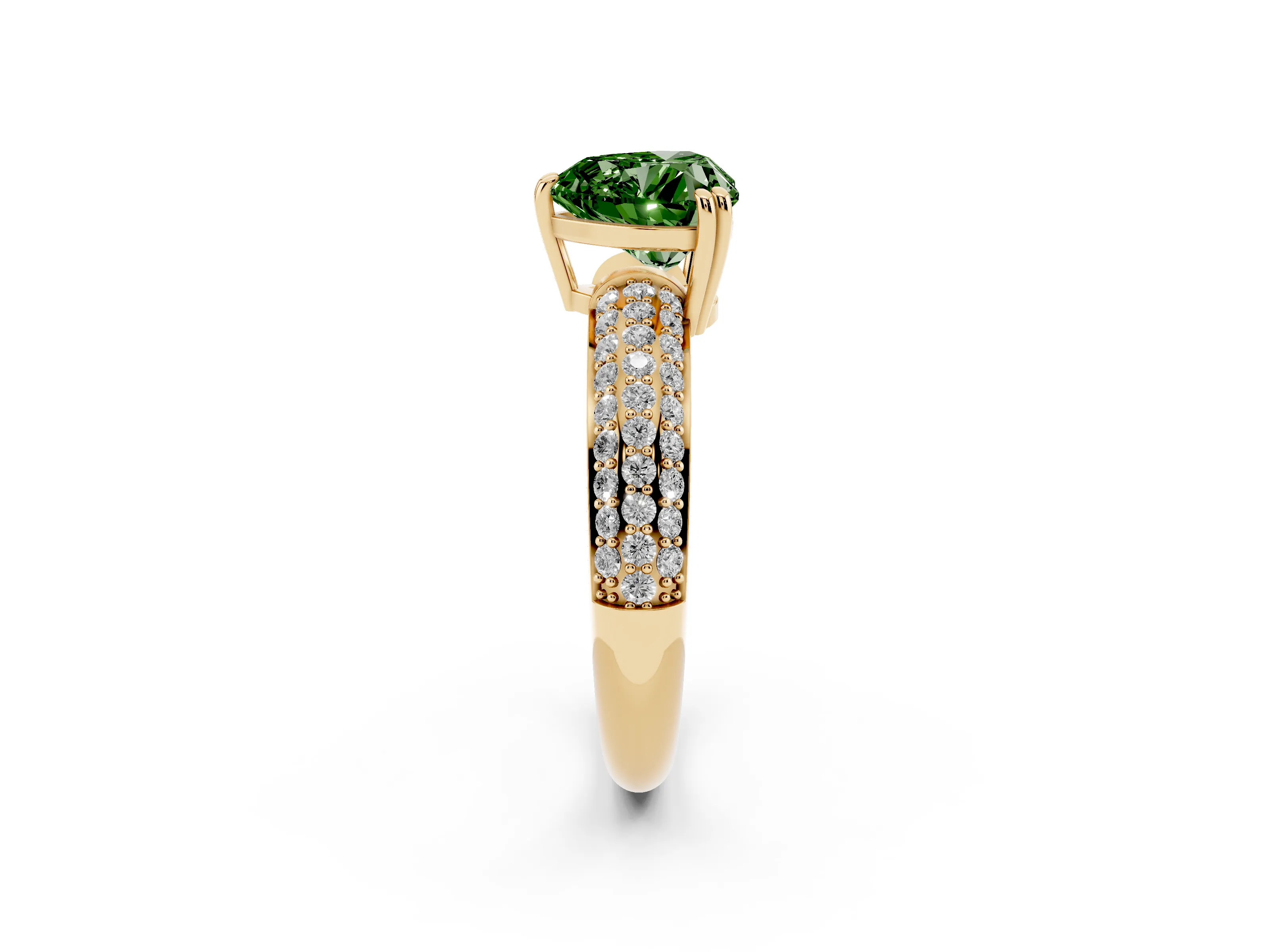 Fancy Green Heart Cut Diamond Solitaire Ring Set in Yellow gold with Multi-Row Round Pavé Band and Prong Setting