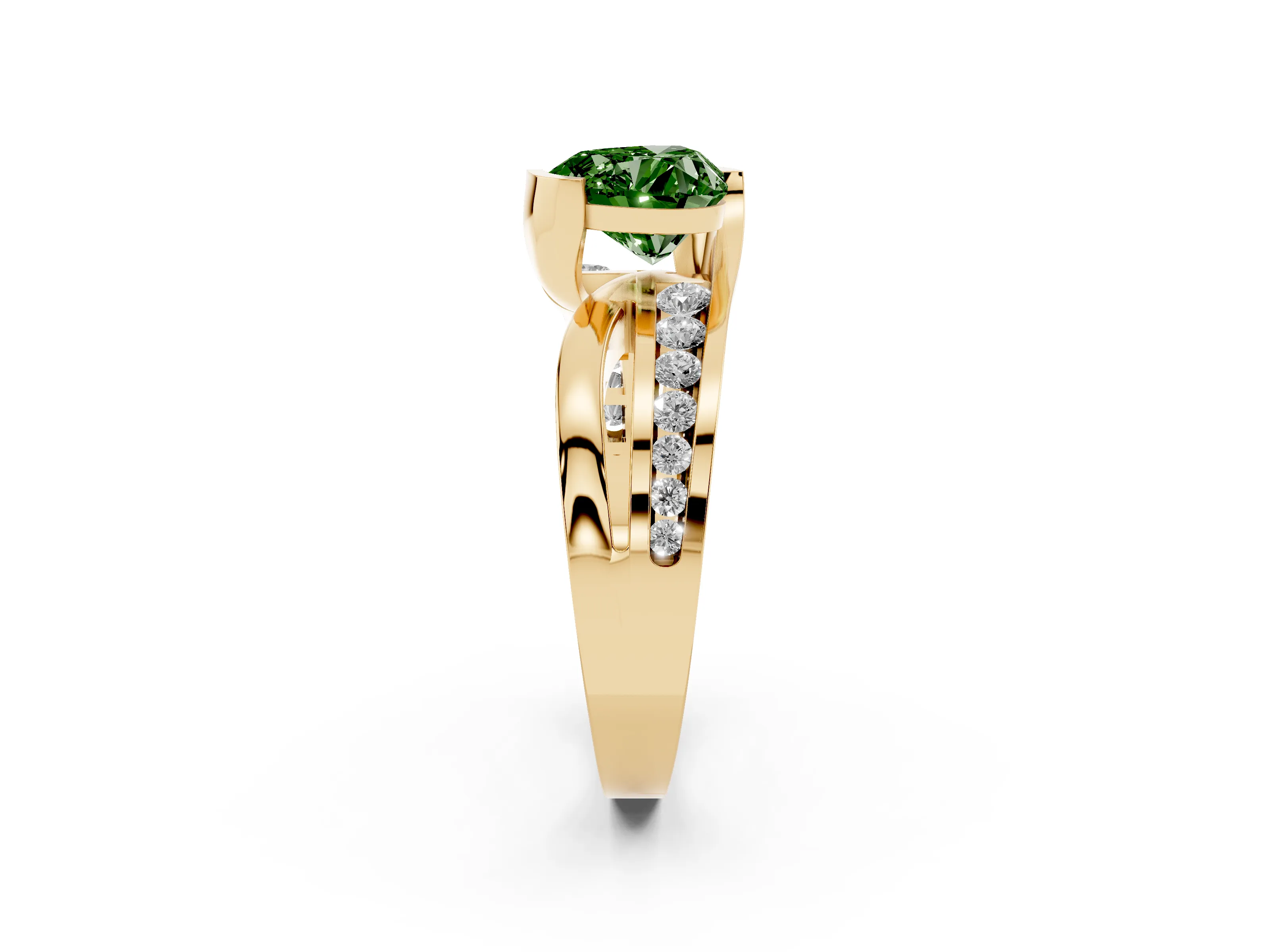 Fancy Green Heart Cut Diamond Solitaire Ring Set in Yellow gold with Channel Set Split Shank and Tension Prongs