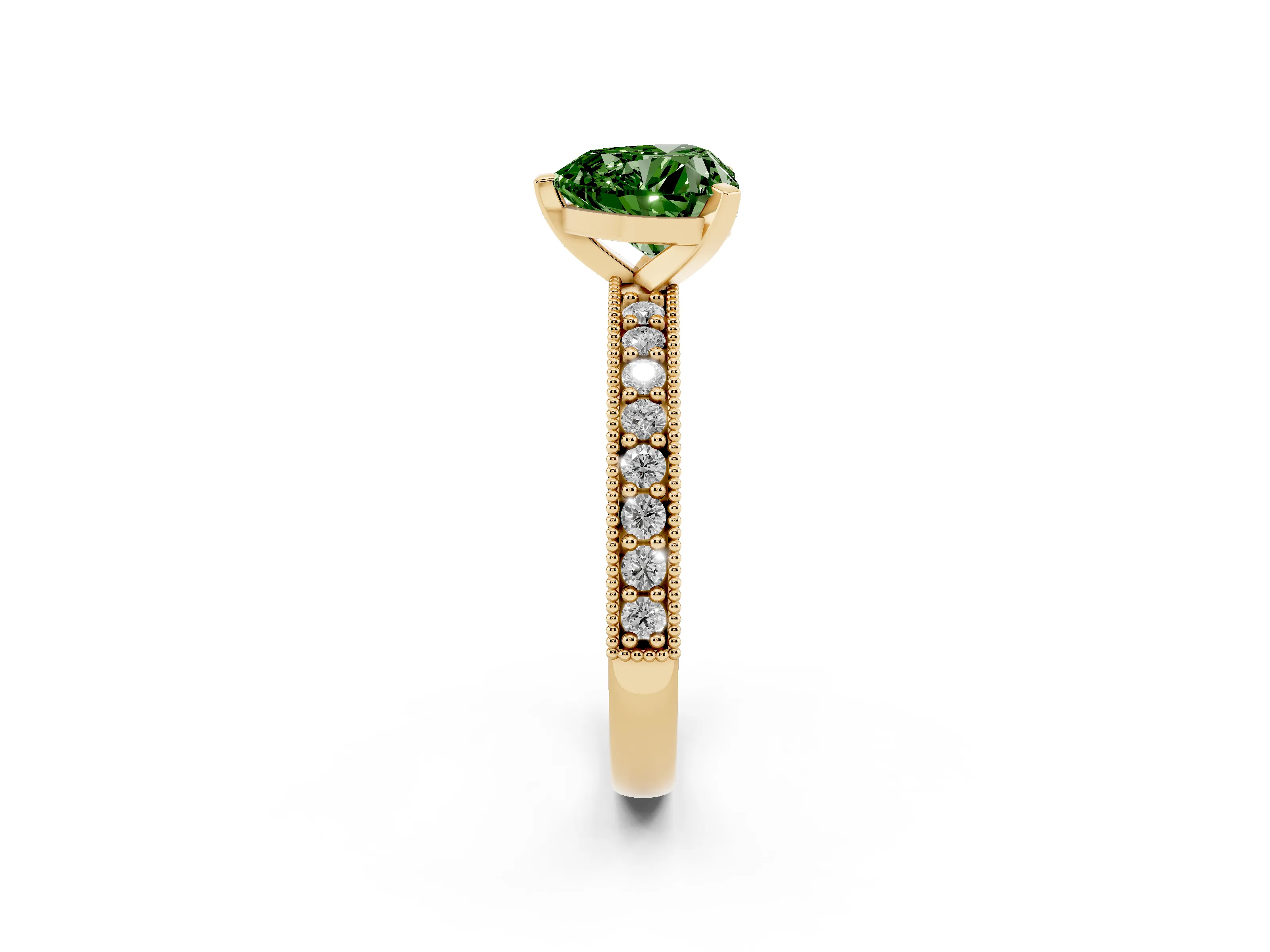 Fancy Green Heart Cut Diamond Milgrain Pavé Engagement Ring Set in Yellow gold with Prong Setting