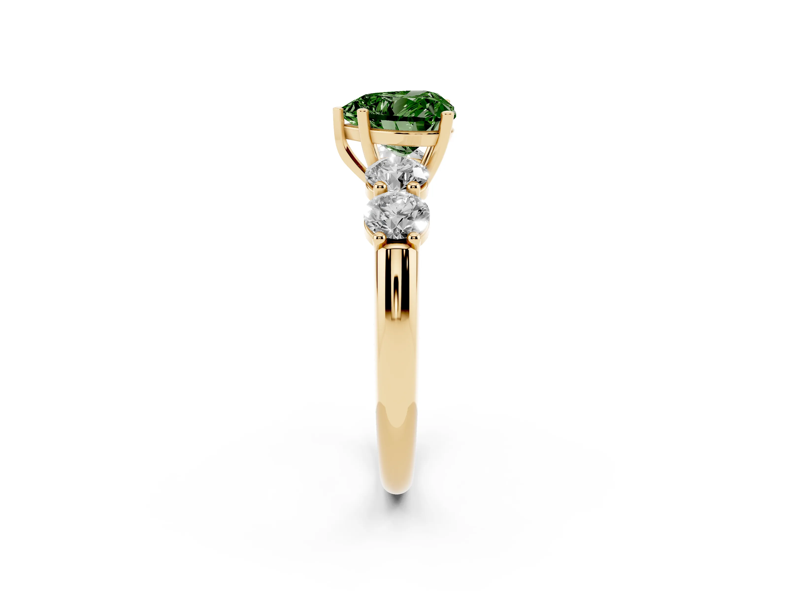 Fancy Green Heart Cut Diamond Five-Stone Prong Set Ring Set in Yellow gold with Classic Band