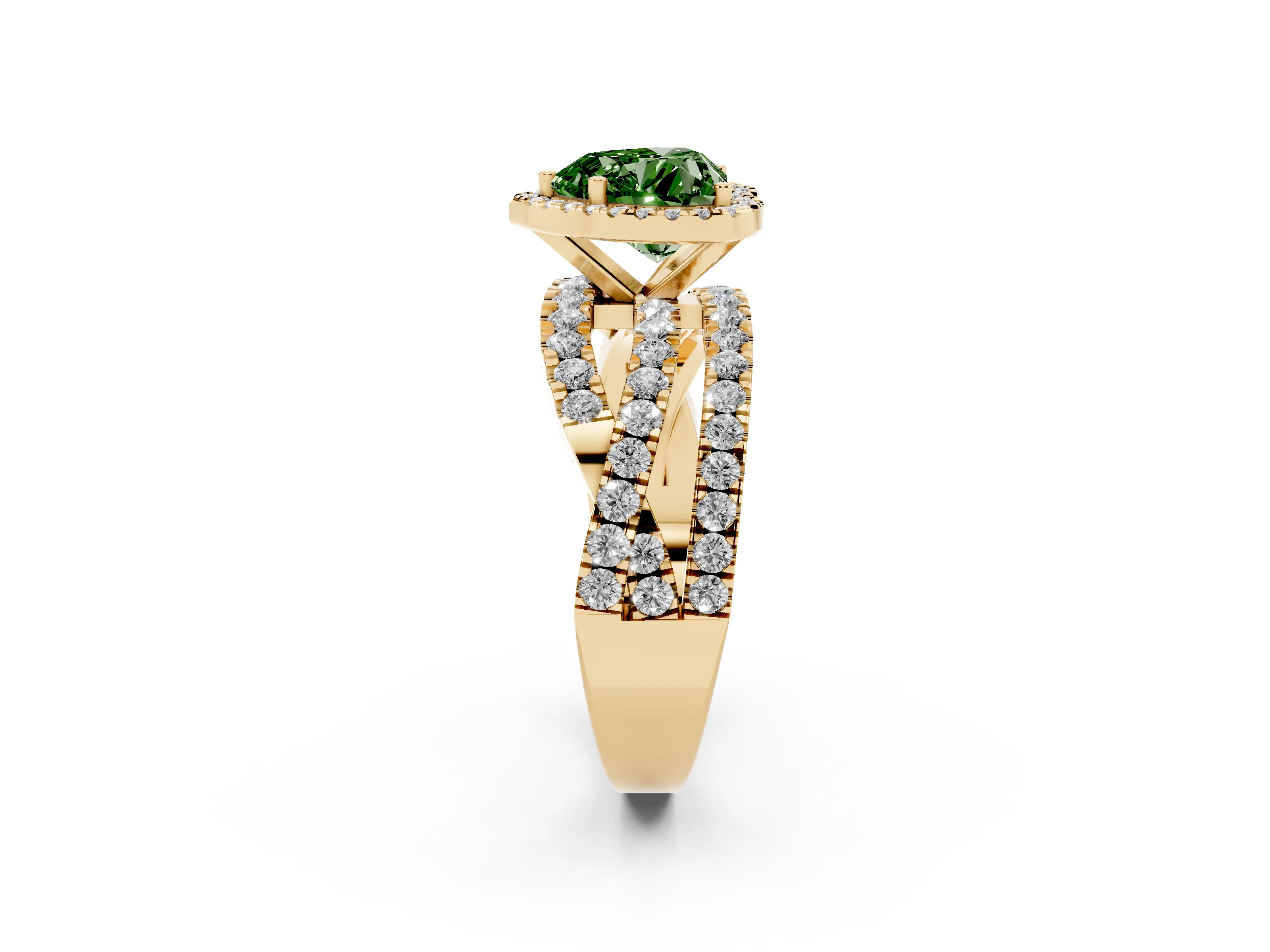 Fancy Green Heart Cut Diamond Halo Ring Set in Yellow gold with Round Crossover Split Shank and Prong Setting