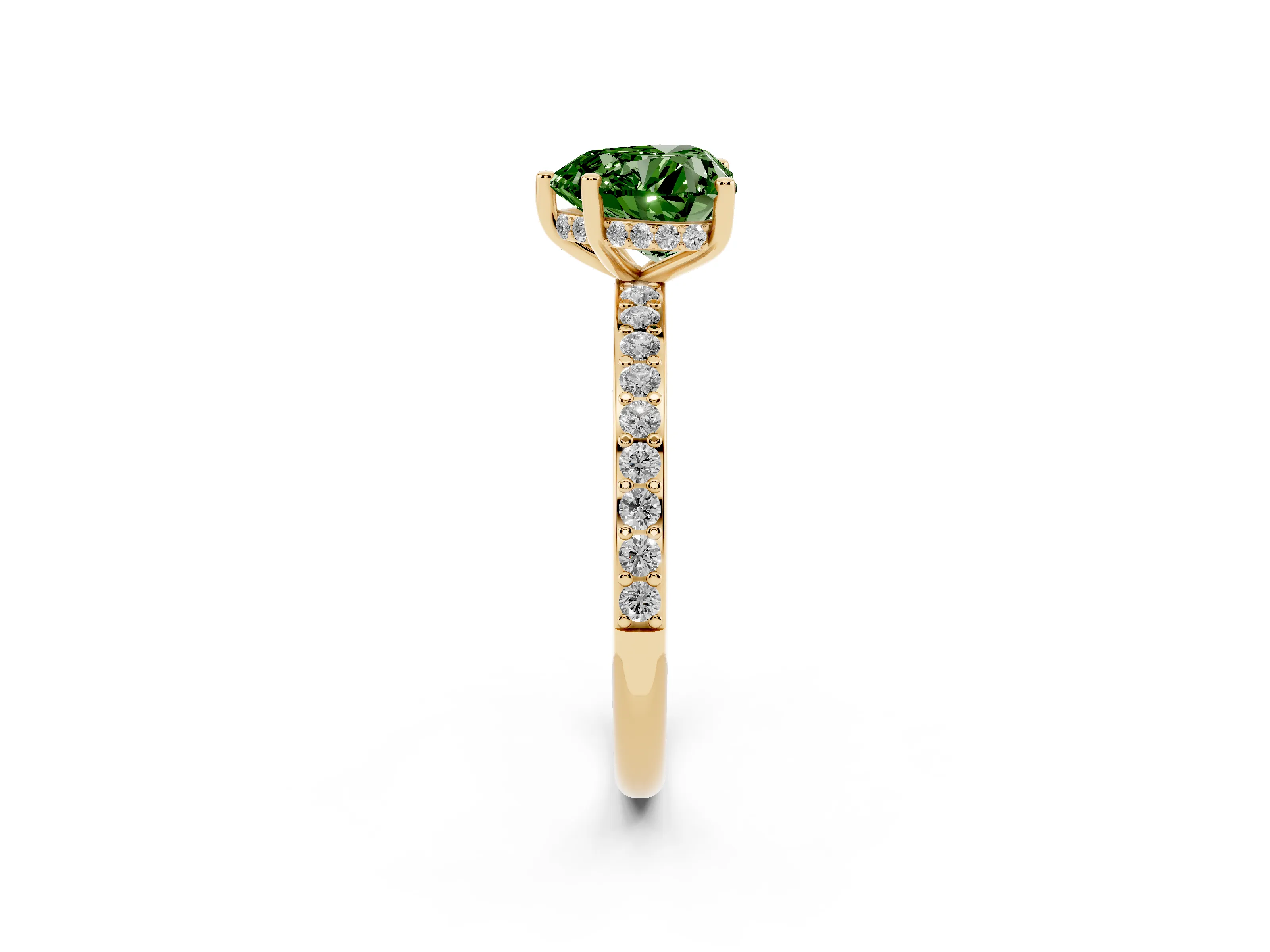 Fancy Green Heart Cut Diamond Pavé Band Ring Set in Yellow gold with Prong-Set Center Stone