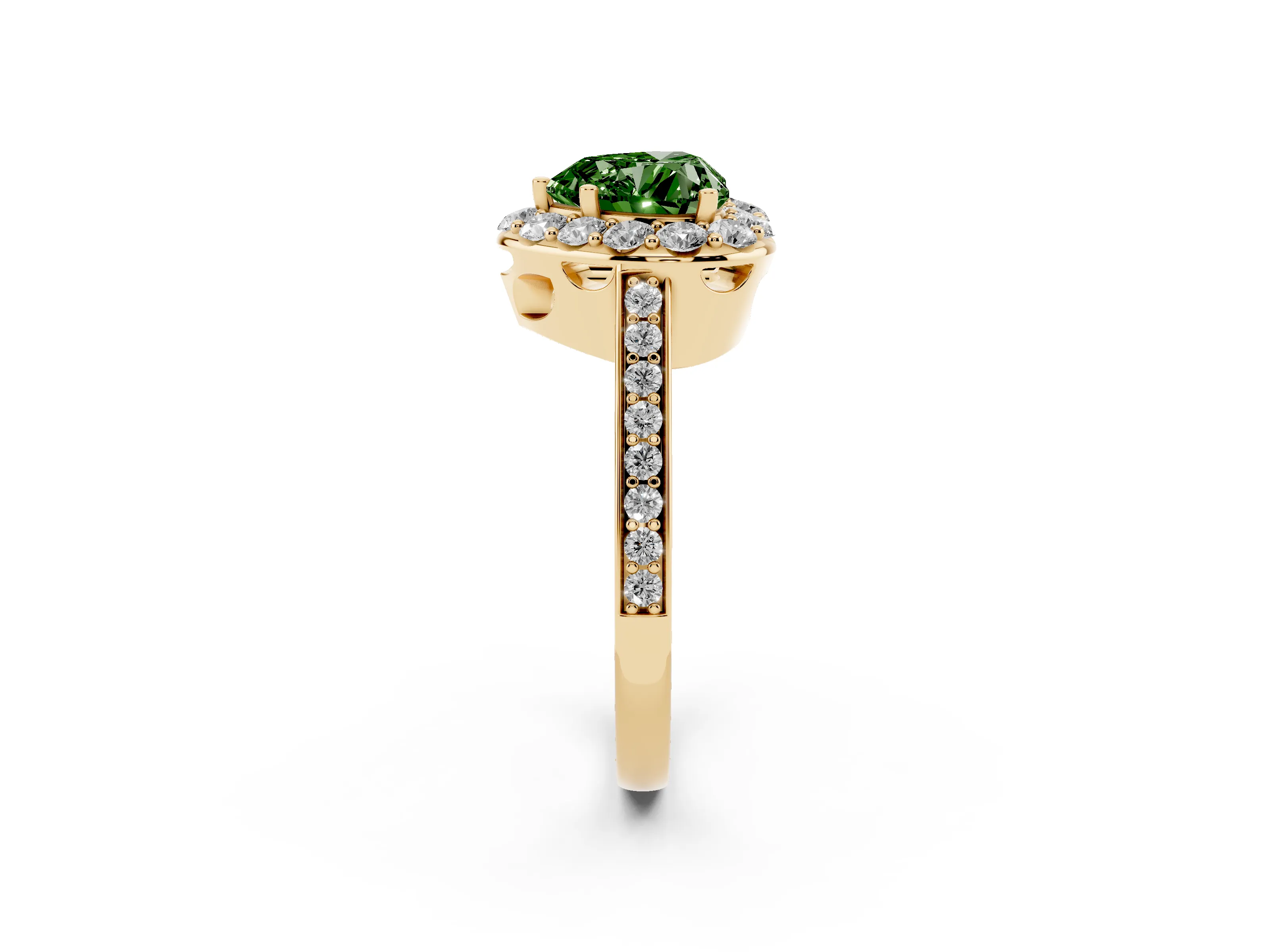 Fancy Green Heart Cut Diamond Floral Halo Ring Set in Yellow gold with Pavé Band and Prong Setting