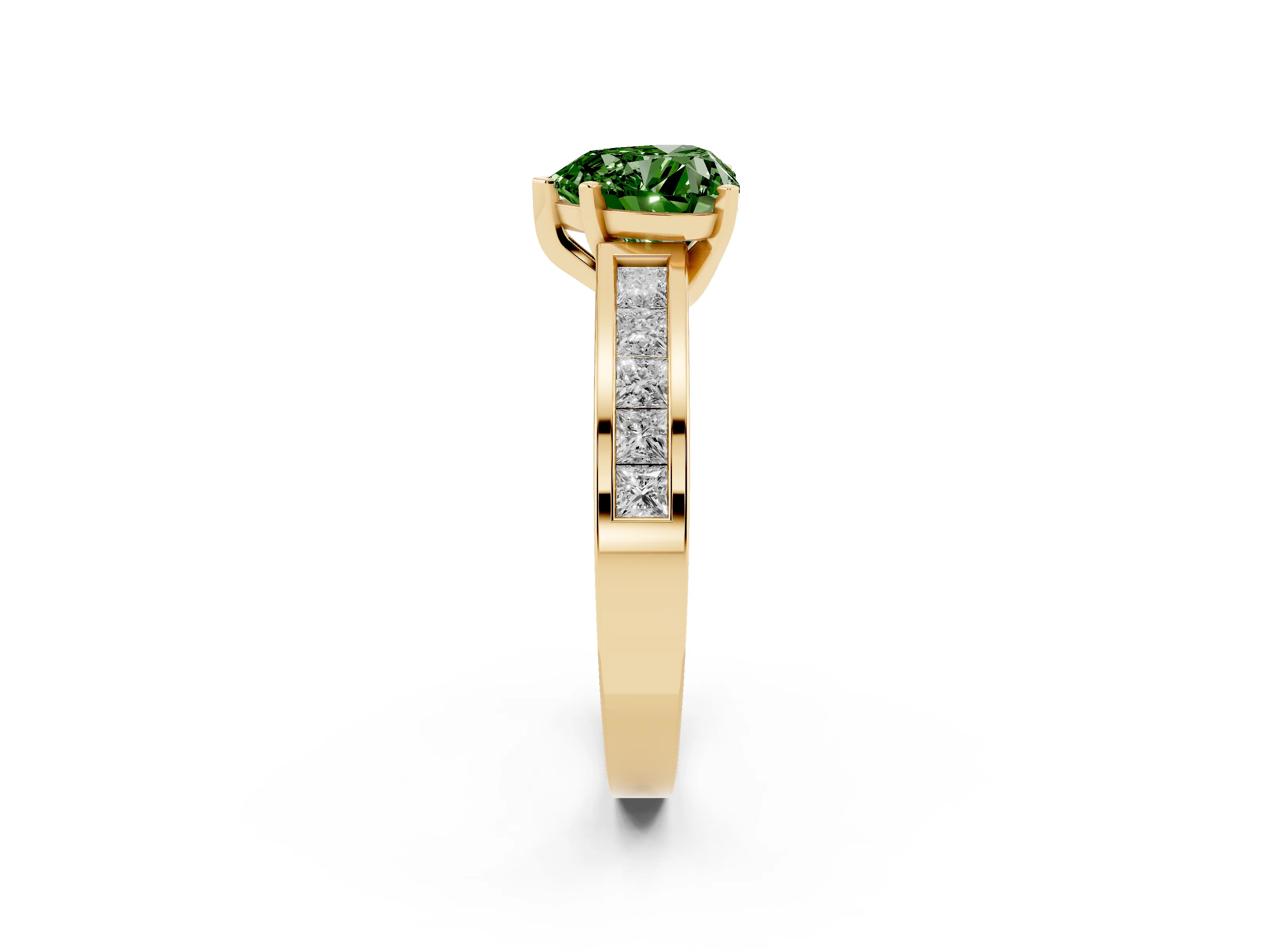Fancy Green Heart Cut Diamond Solitaire Ring Set in Yellow gold with Channel-Set Band and Prong Setting