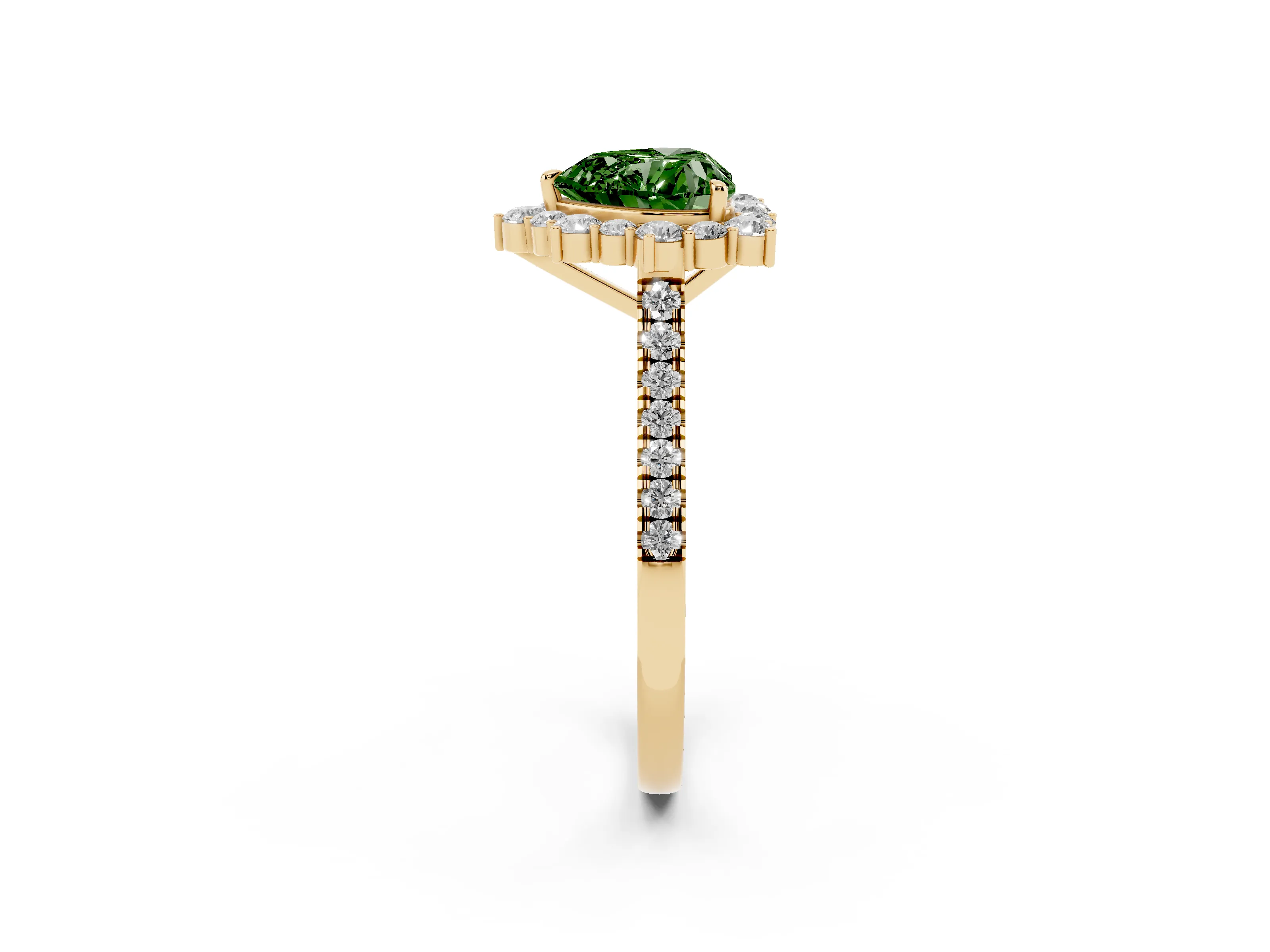 Fancy Green Heart Cut Diamond Halo Ring Set in Yellow gold with Pavé Band and Prong Setting
