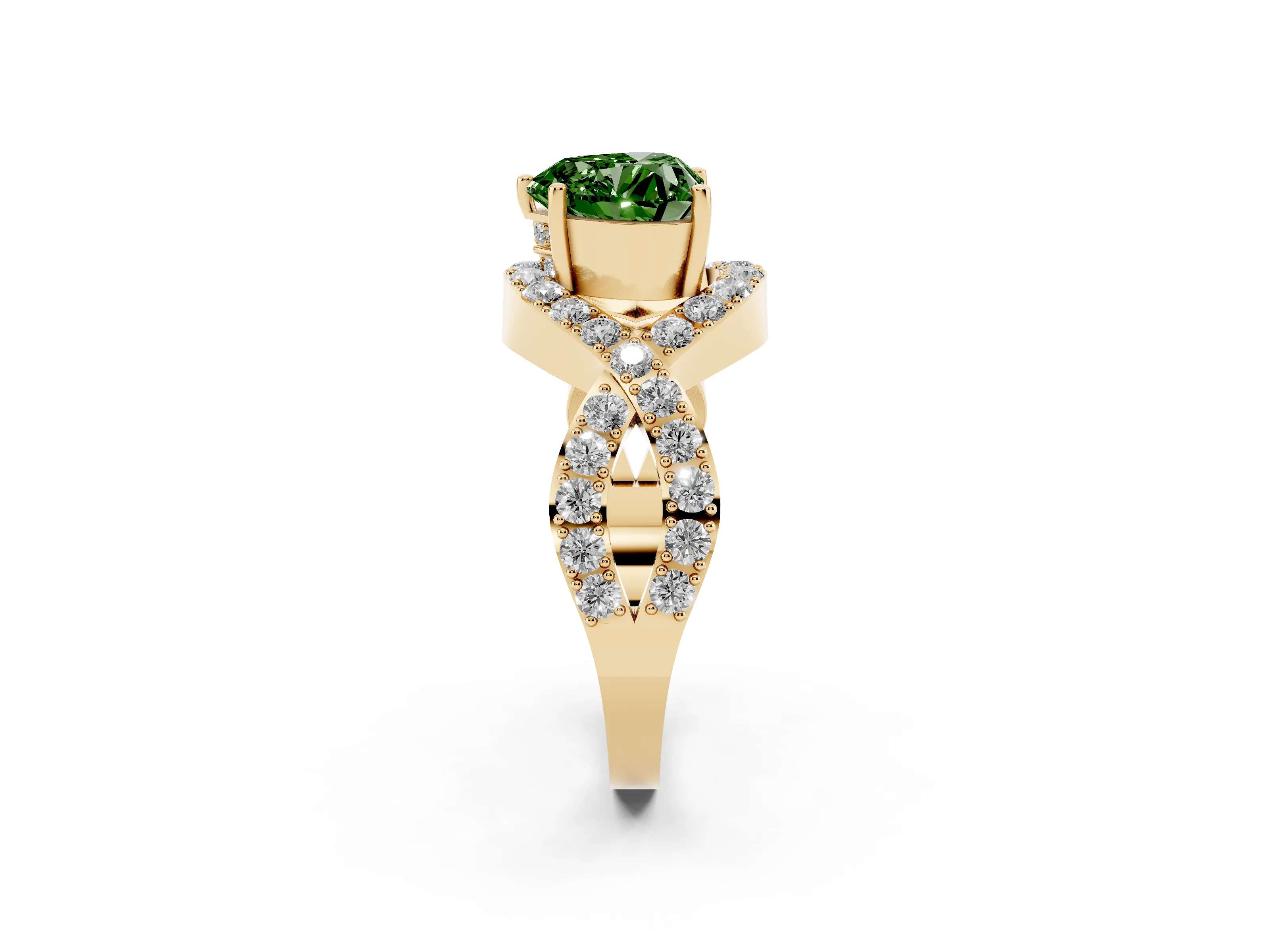 Fancy Green Heart Cut Diamond Solitaire Twist Band Pavé Engagement Ring Set in Yellow gold
