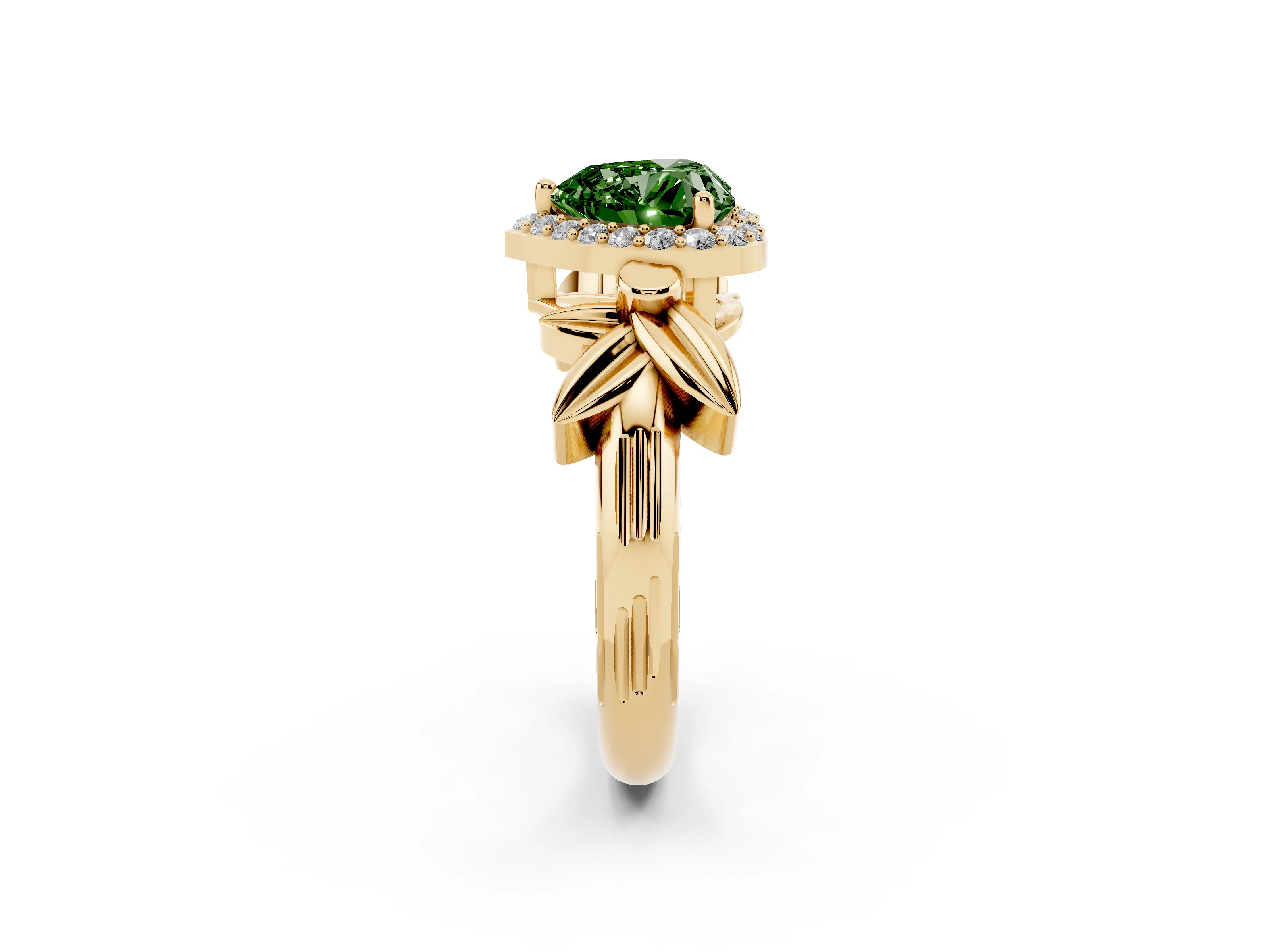Fancy Green Heart Cut Diamond Halo Floral Band Ring Set in Yellow gold with Prong Setting