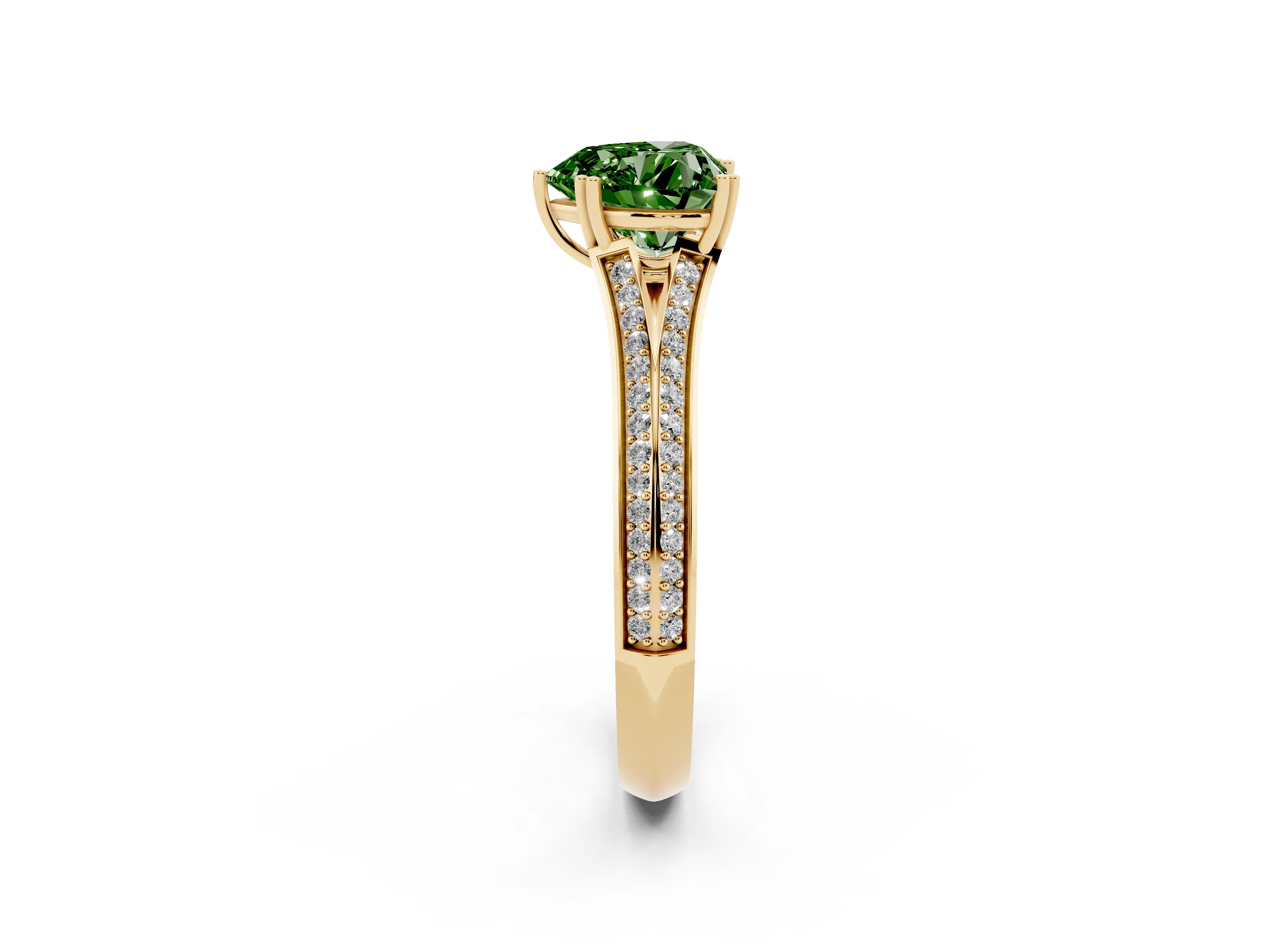 Fancy Green Heart Cut Diamond Split Shank Pavé Engagement Ring Set in Yellow gold with Prong-Set Center Stone