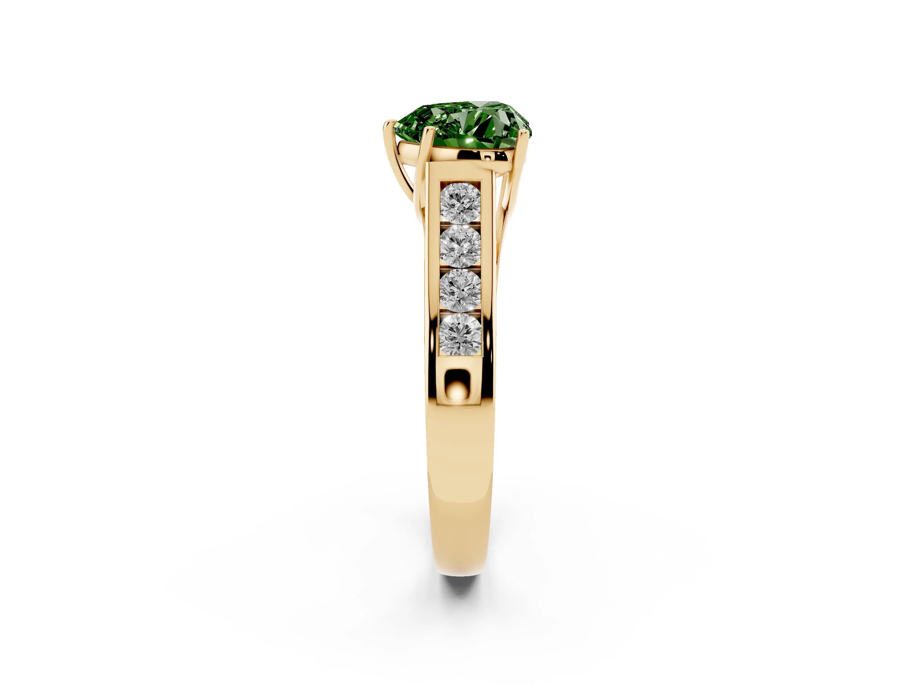 Fancy Green Heart Cut Diamond Solitaire Channel-Set Engagement Ring Set in Yellow gold with Prong Setting