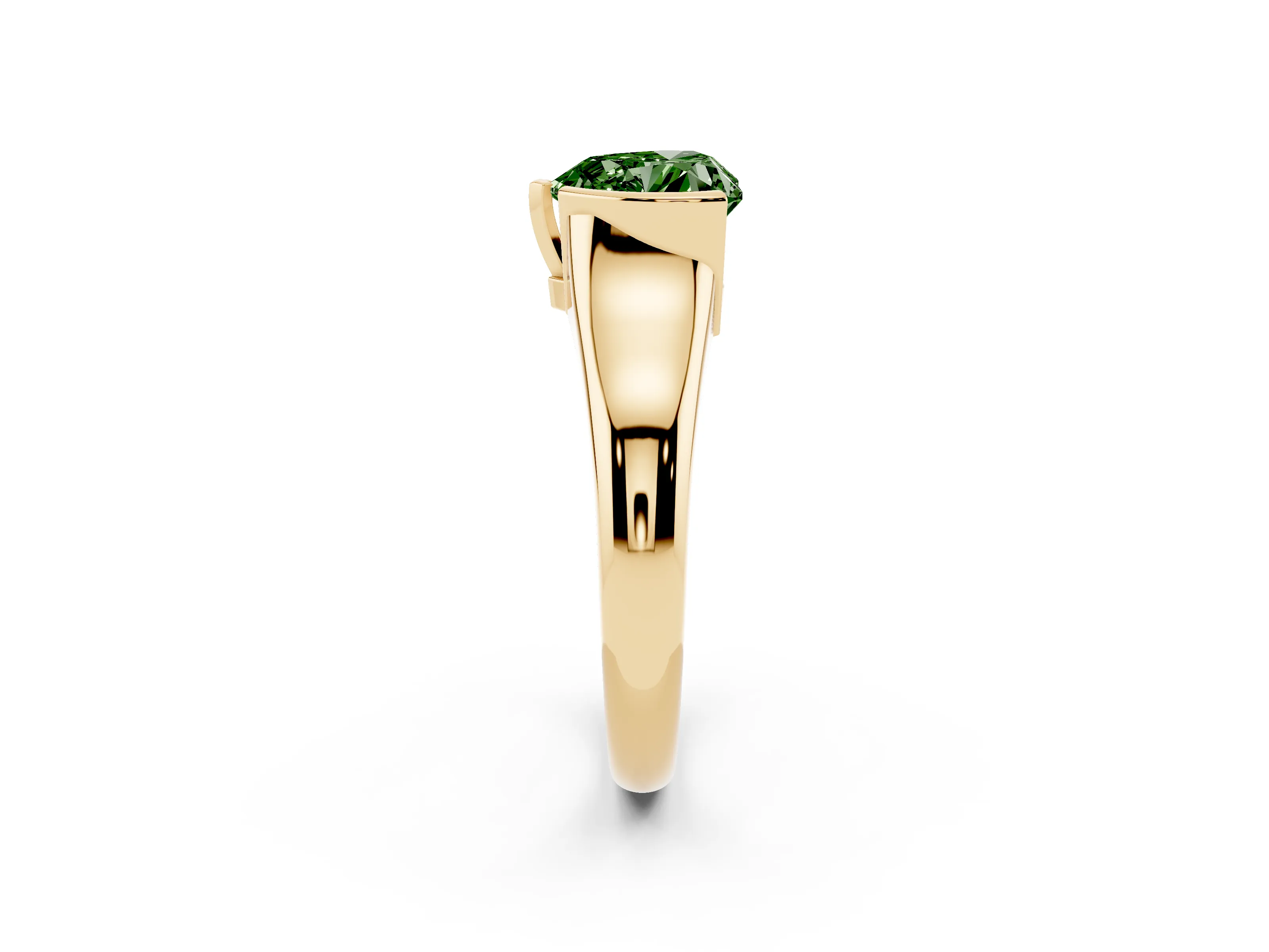 Fancy Green Heart Cut Diamond Solitaire Tension Set Ring Set in Yellow gold with Split Shank Band