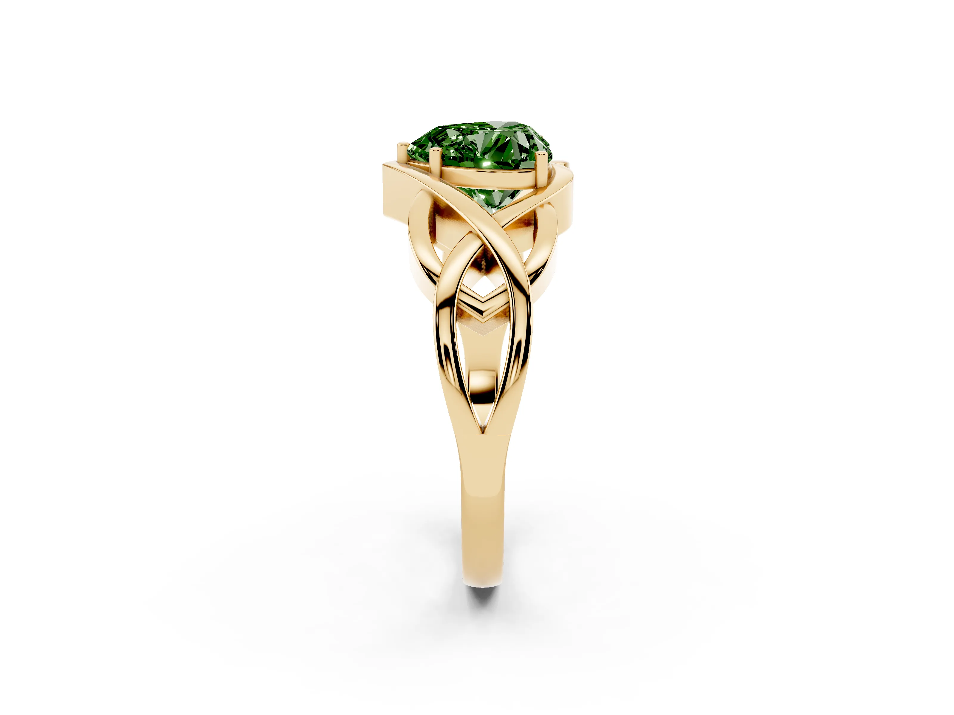 Fancy Green Heart Cut Diamond Solitaire Ring Set in Yellow gold with Intertwined Band