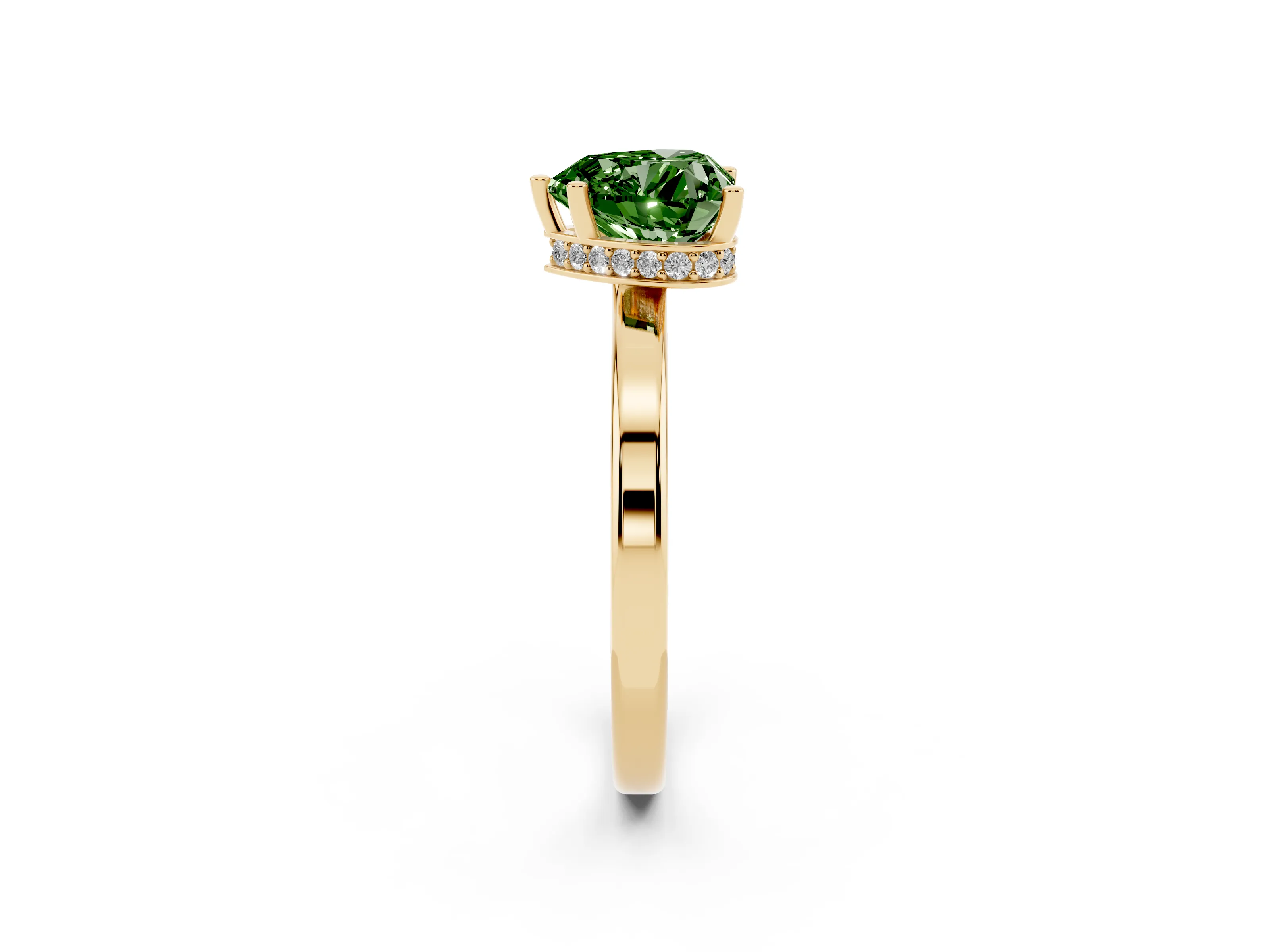 Fancy Green Heart Cut Diamond Solitaire Engagement Ring Set in Yellow gold with Prong Setting on a Plain Band