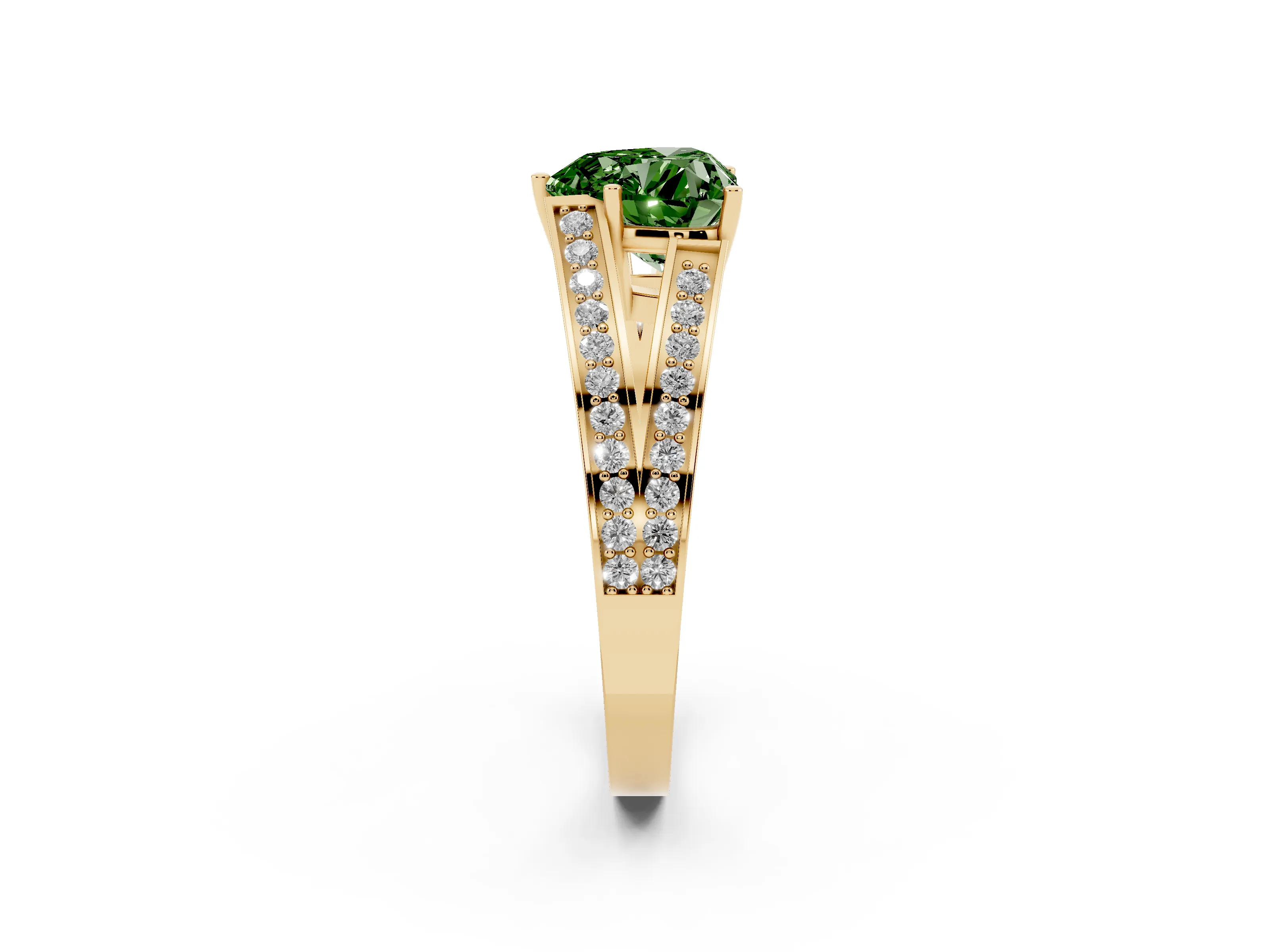 Fancy Green Heart Cut Diamond Split Shank Ring Set in Yellow gold with Pavé Band and Prong Setting