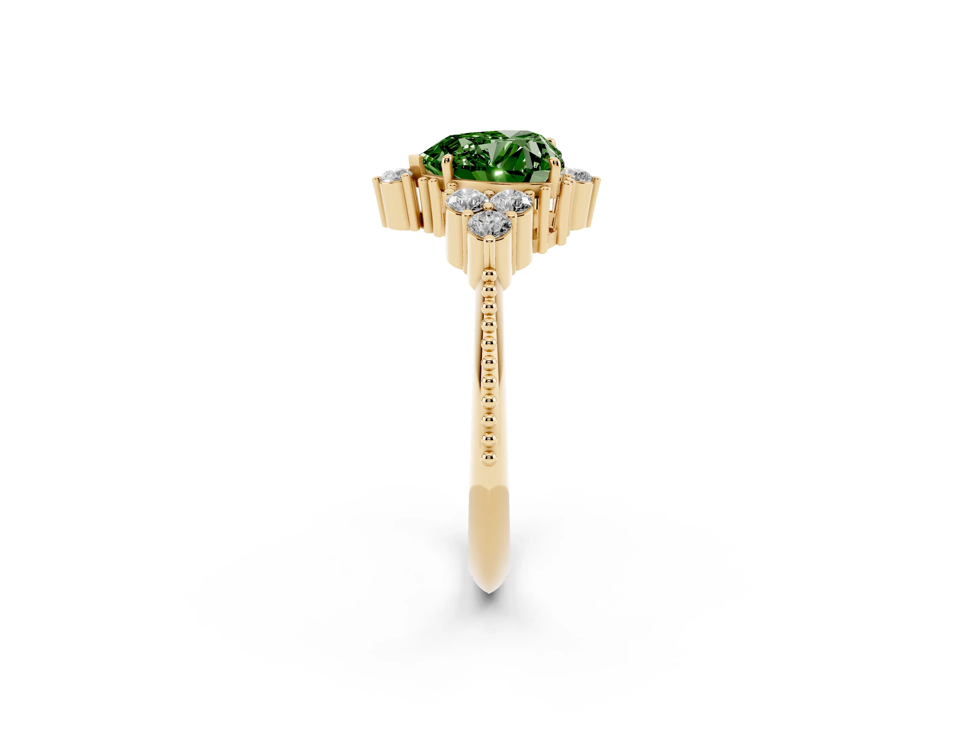 Fancy Green Heart Cut Diamond Cluster Ring Set in Yellow gold with Beaded Band